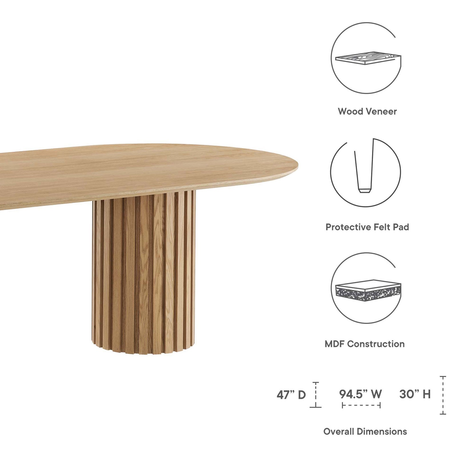 Feature graphic of the Senja oak dining table highlighting wood veneer, felt pads, MDF build, and dimensions || EEI-6065-OAK-SET || dimension_studio