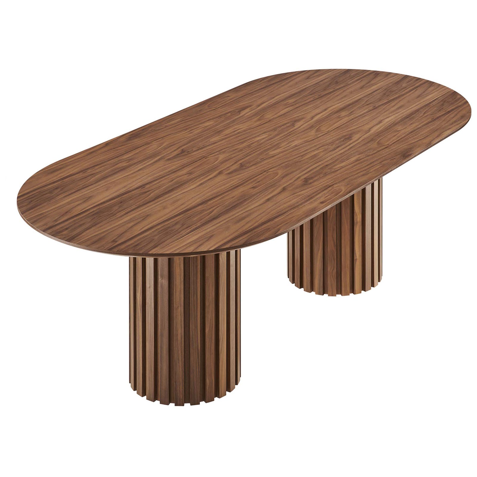 Elegant walnut oval dining table showcasing rich wood grain and sculptural twin column pedestal base || EEI-6065-WAL-SET || front_angle_studio