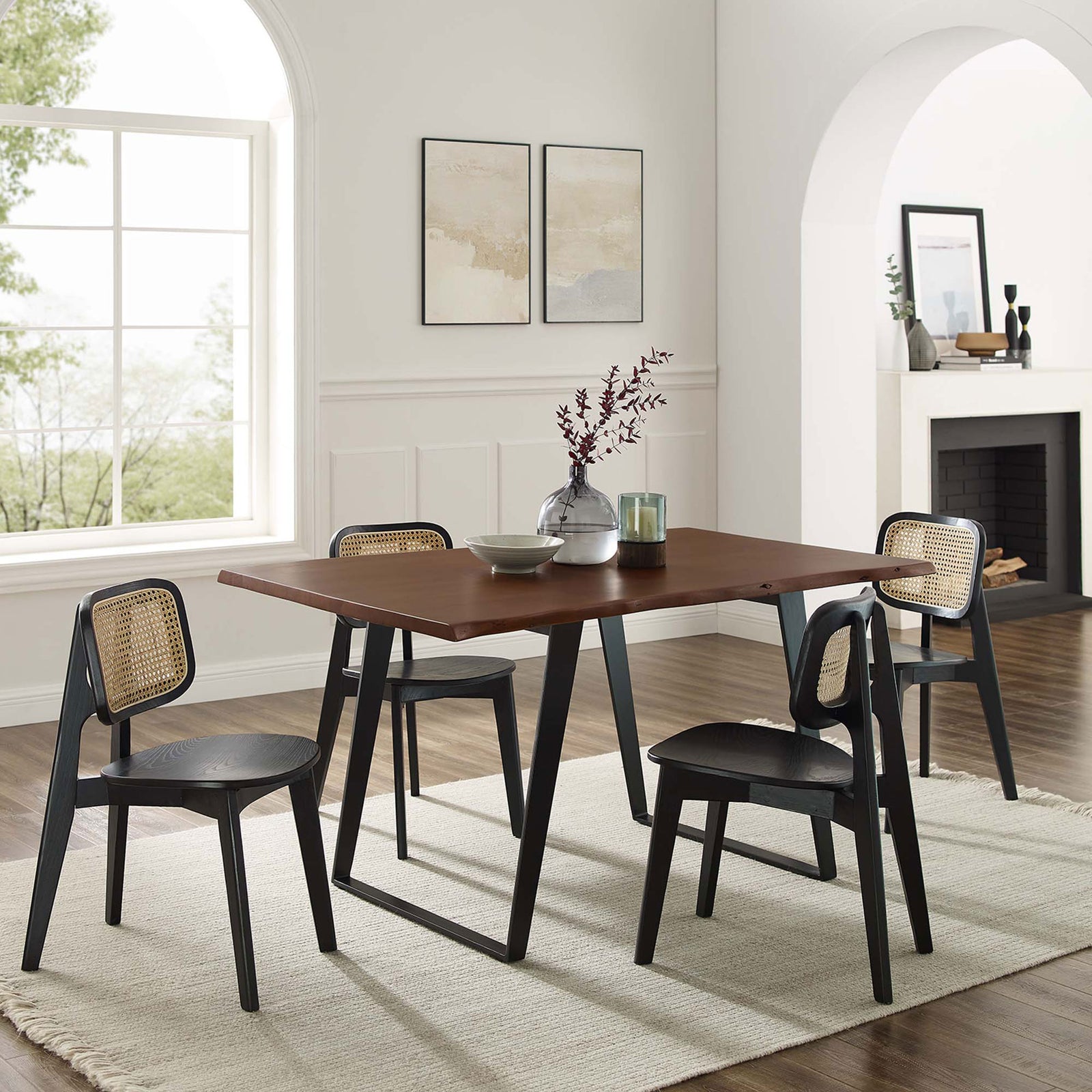 Modern dining room features the Viggo live edge table centerpiece with coordinating black chairs || EEI-6067-BLK-WAL || front_angle_room