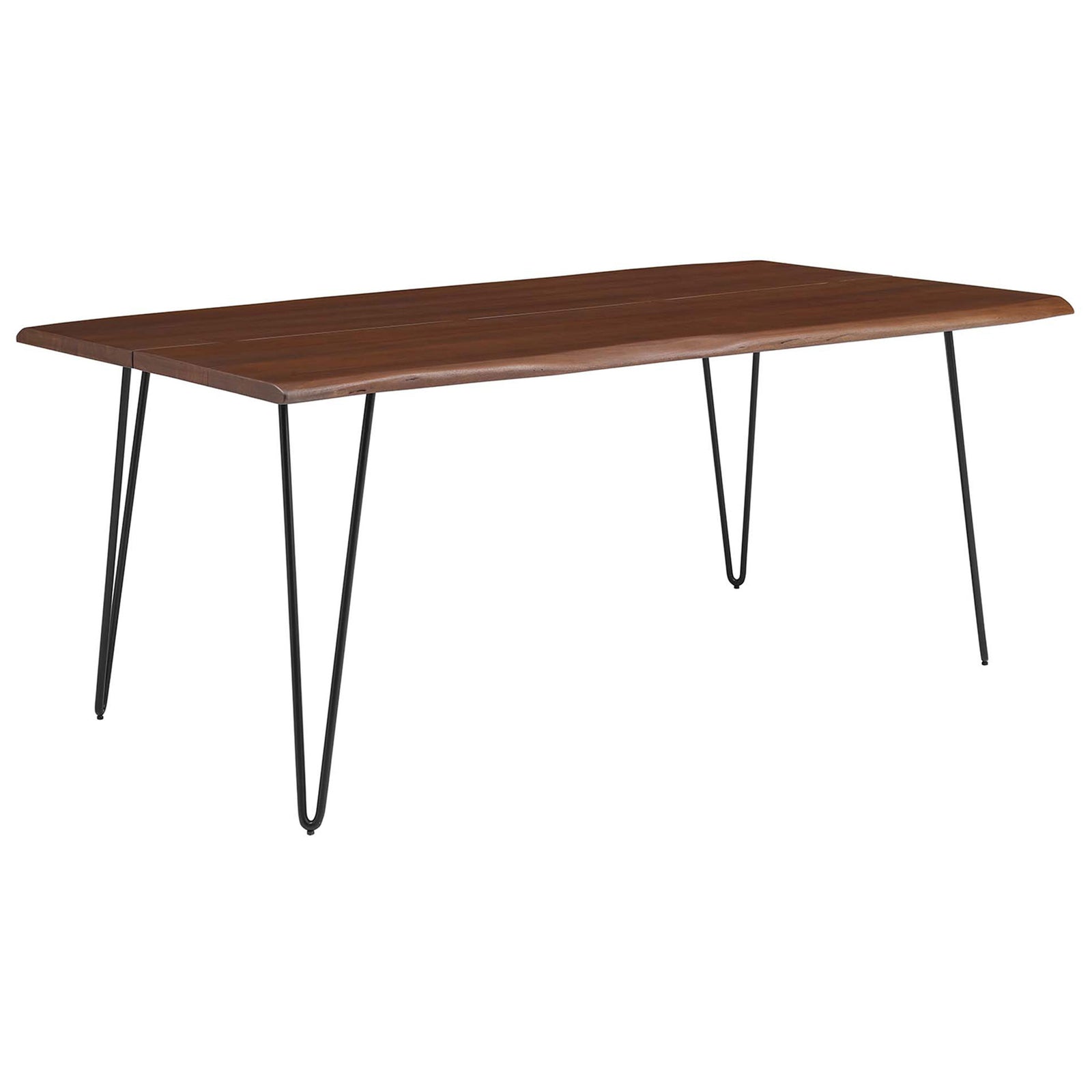 Rectangular live edge acacia dining table shows the long walnut surface and airy black hairpin legs. || EEI-6070-BLK-WAL || front_angle_studio