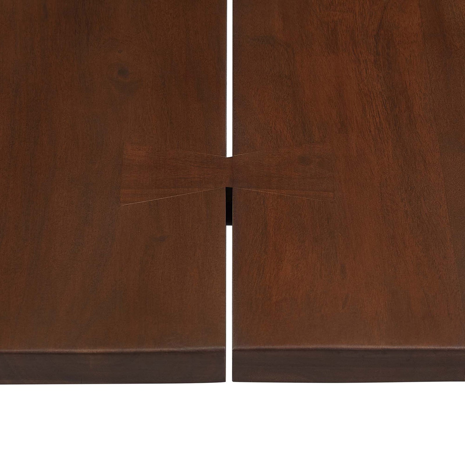 Butterfly joint detail connects rich acacia planks, adding artisanal character to the live edge tabletop || EEI-6070-GLD-WAL || detail_studio