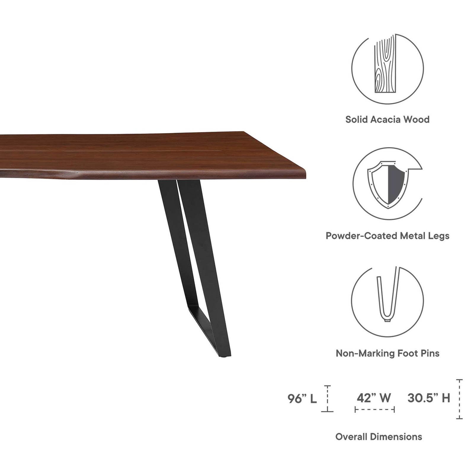 Feature graphic presents acacia wood build, metal legs, foot pins, and 96 in overall dimensions || EEI-6071-BLK-WAL || dimension_studio