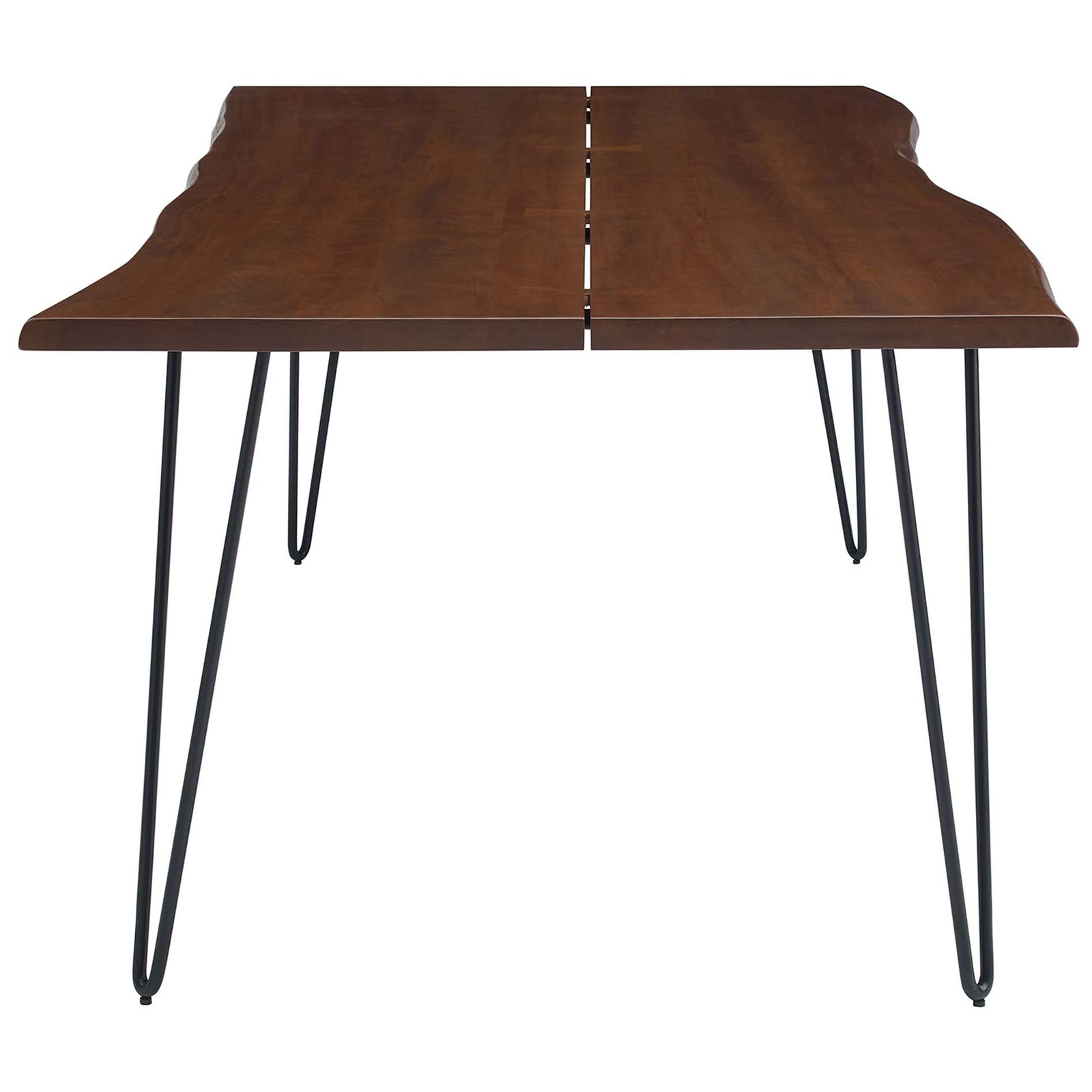 Live edge acacia tabletop with tall hairpin legs creates an open, modern presence along the length of the table. || EEI-6072-BLK-WAL || side_studio