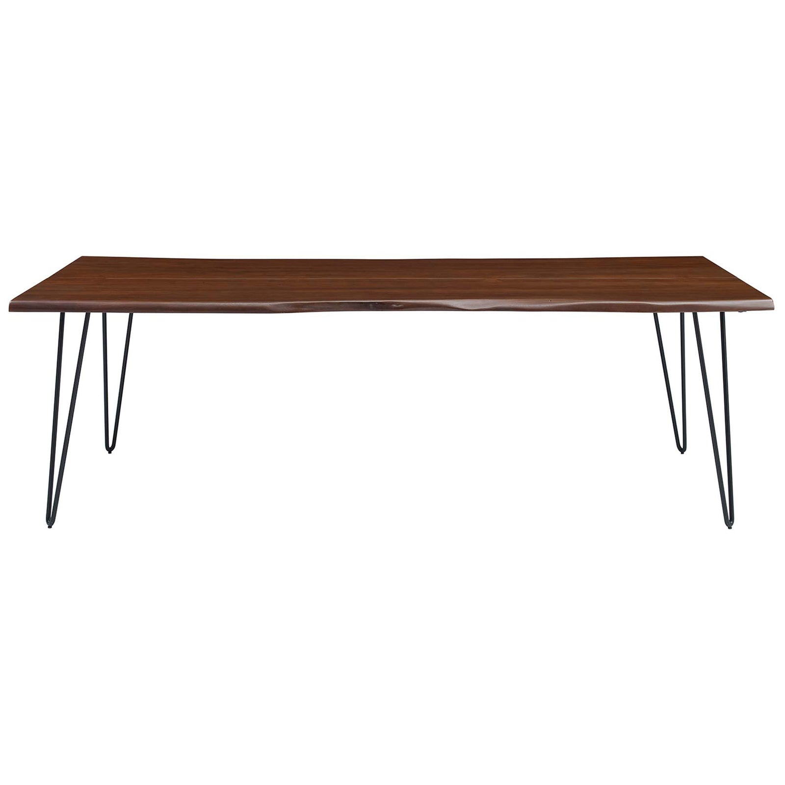 Extra-long live edge acacia wood dining table offers ample seating with a sleek silhouette and black hairpin legs. || EEI-6072-BLK-WAL || front_studio