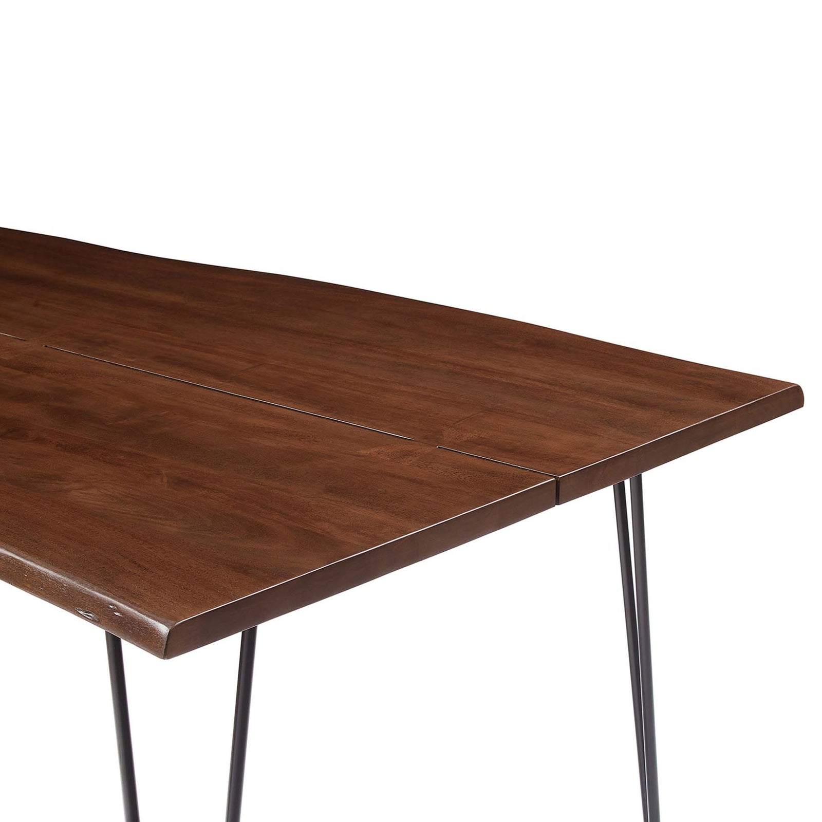 Joined acacia planks with butterfly joints and a softly curved live edge showcase the table's artisanal feel. || EEI-6072-BLK-WAL || detail_studio
