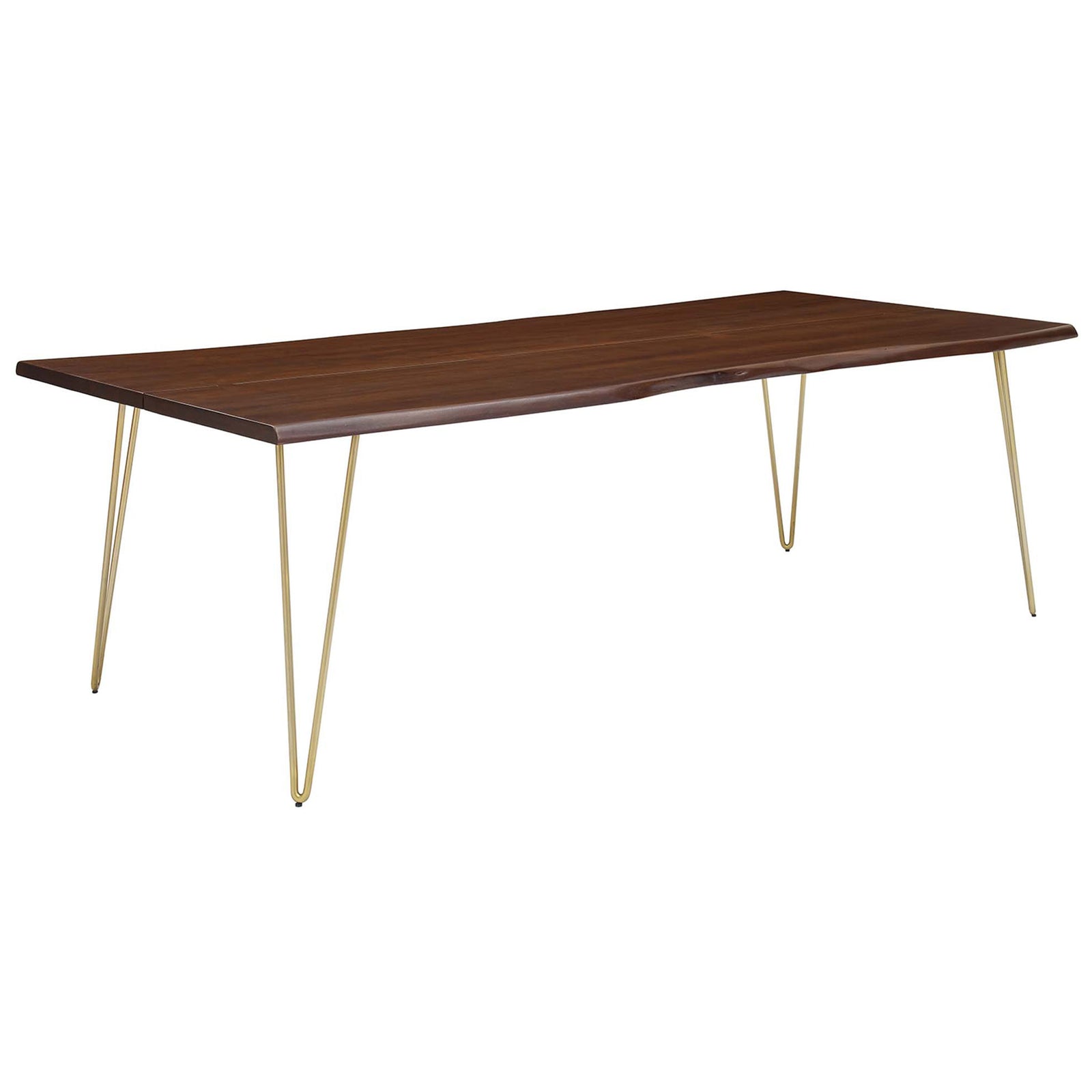 Extra-long rectangular live edge walnut dining table bringing bold presence with an airy metal base || EEI-6072-GLD-WAL || front_angle_studio