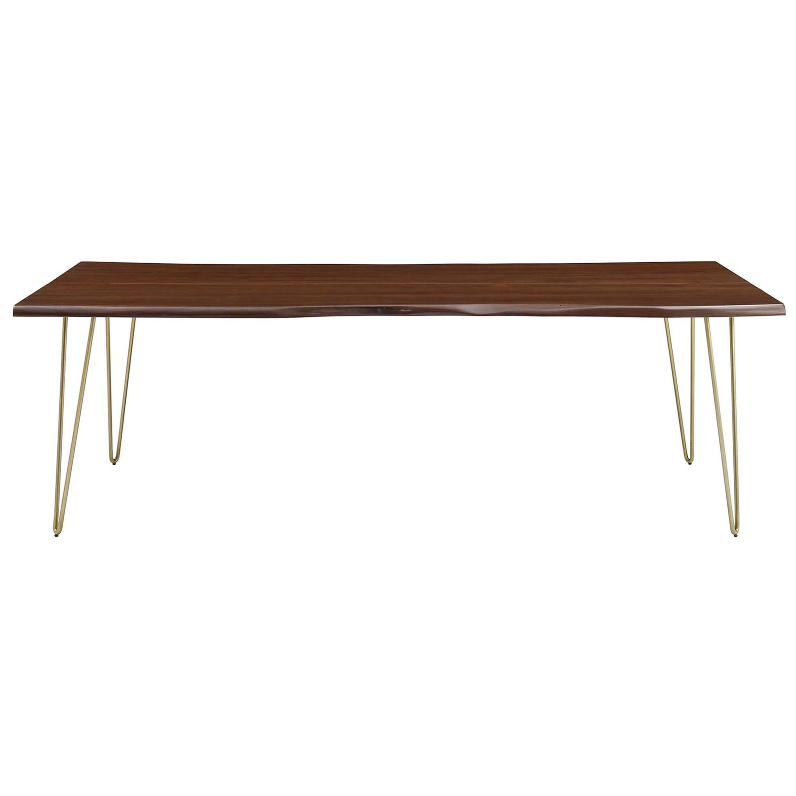 Ardor 96 inch live edge acacia dining table with expansive walnut top and slim gold hairpin legs || EEI-6072-GLD-WAL || front_studio