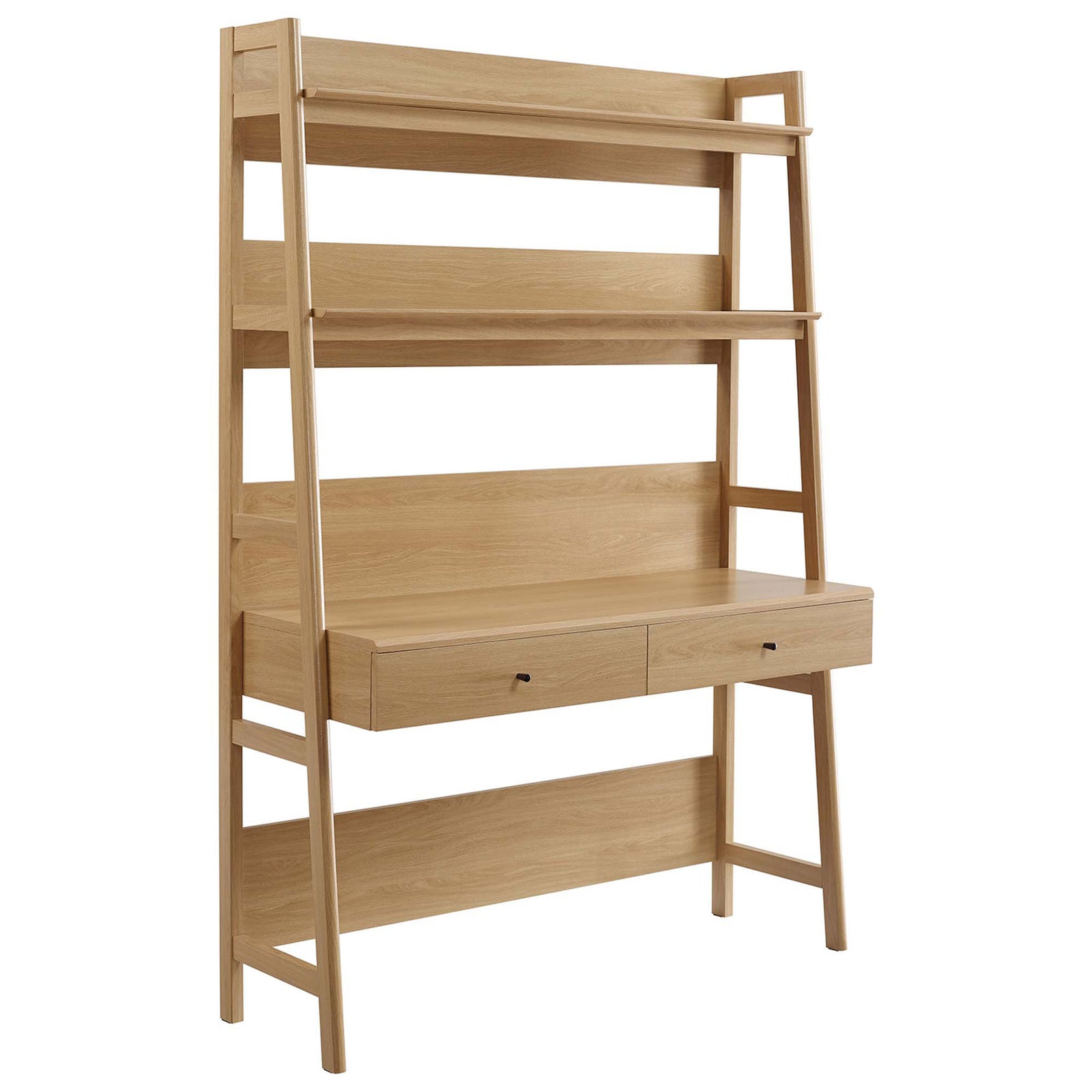 Slim tiered silhouette showcases warm oak grain with spacious shelves and dual storage drawers || EEI-6073-OAK || front_angle_studio