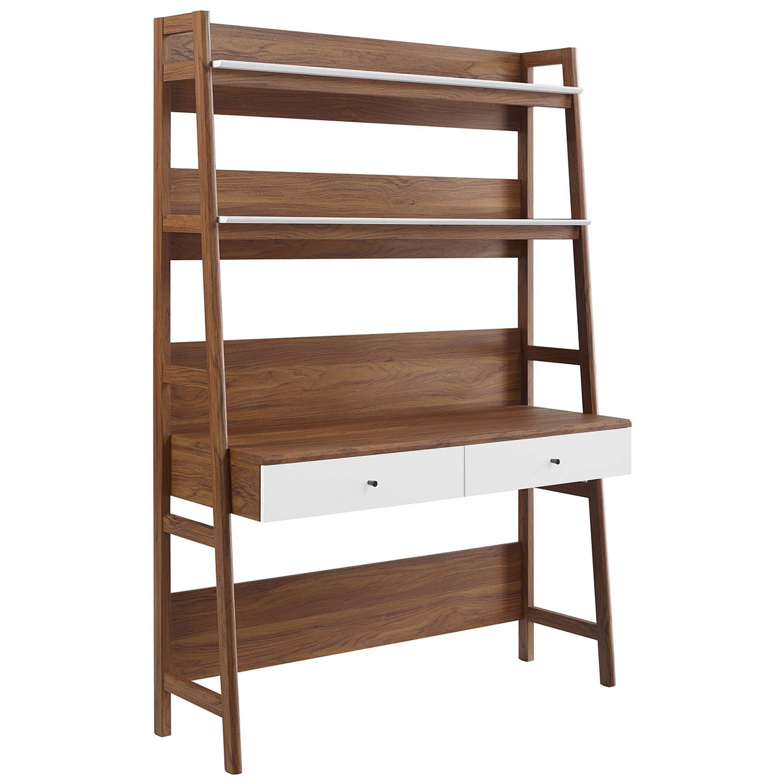 Walnut wood-grain desk with integrated shelves and two white drawers for a clean, modern workspace. || EEI-6073-WAL-WHI || front_angle_studio