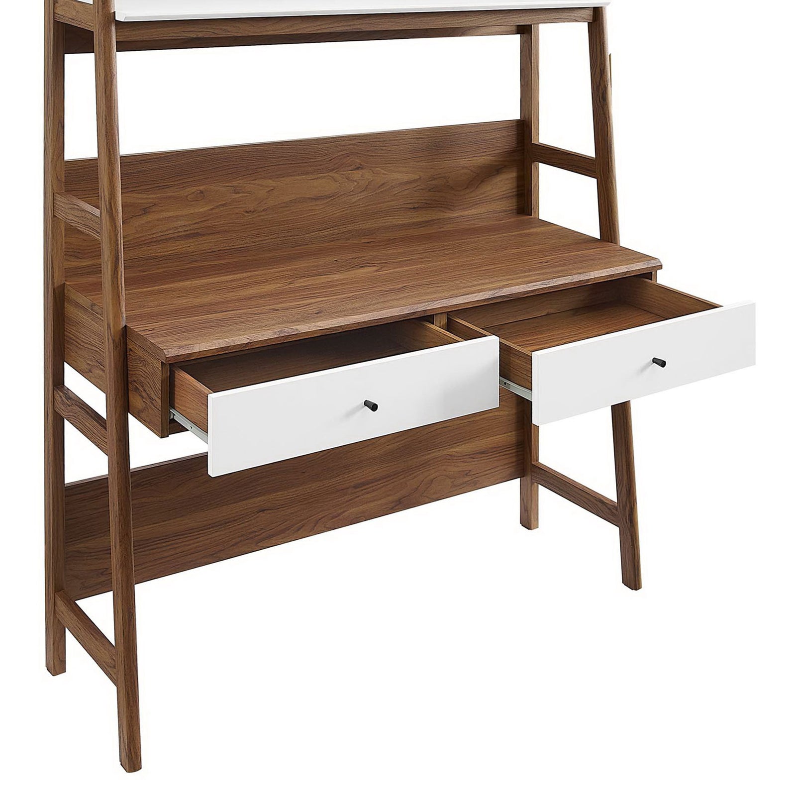 Dual white-front drawers slide open to reveal roomy storage for office essentials. || EEI-6073-WAL-WHI || storage_open_studio