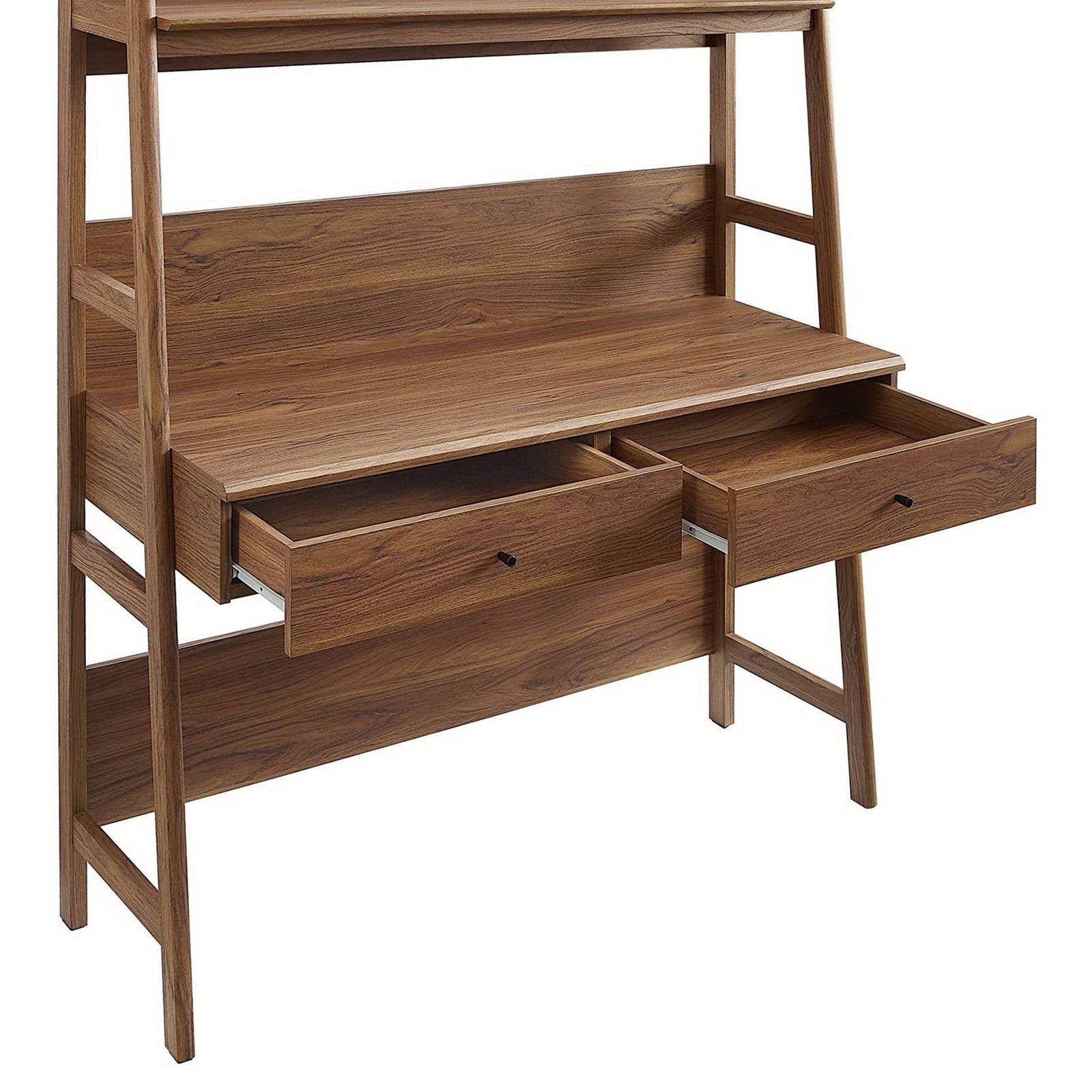 Two smooth-glide drawers open for easy access beneath the roomy workspace || EEI-6073-WAL || storage_open_studio