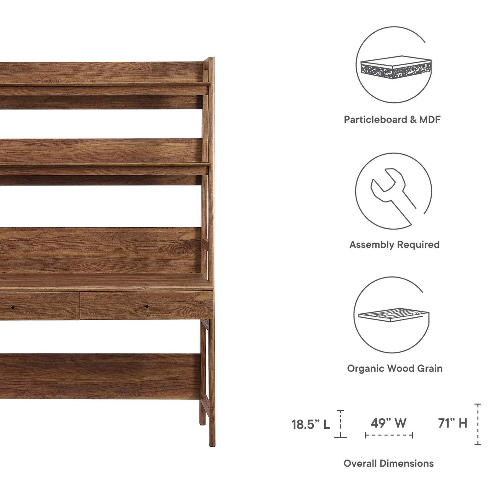 Materials, features, and overall dimensions of the walnut desk and bookshelf unit || EEI-6073-WAL || dimension_studio