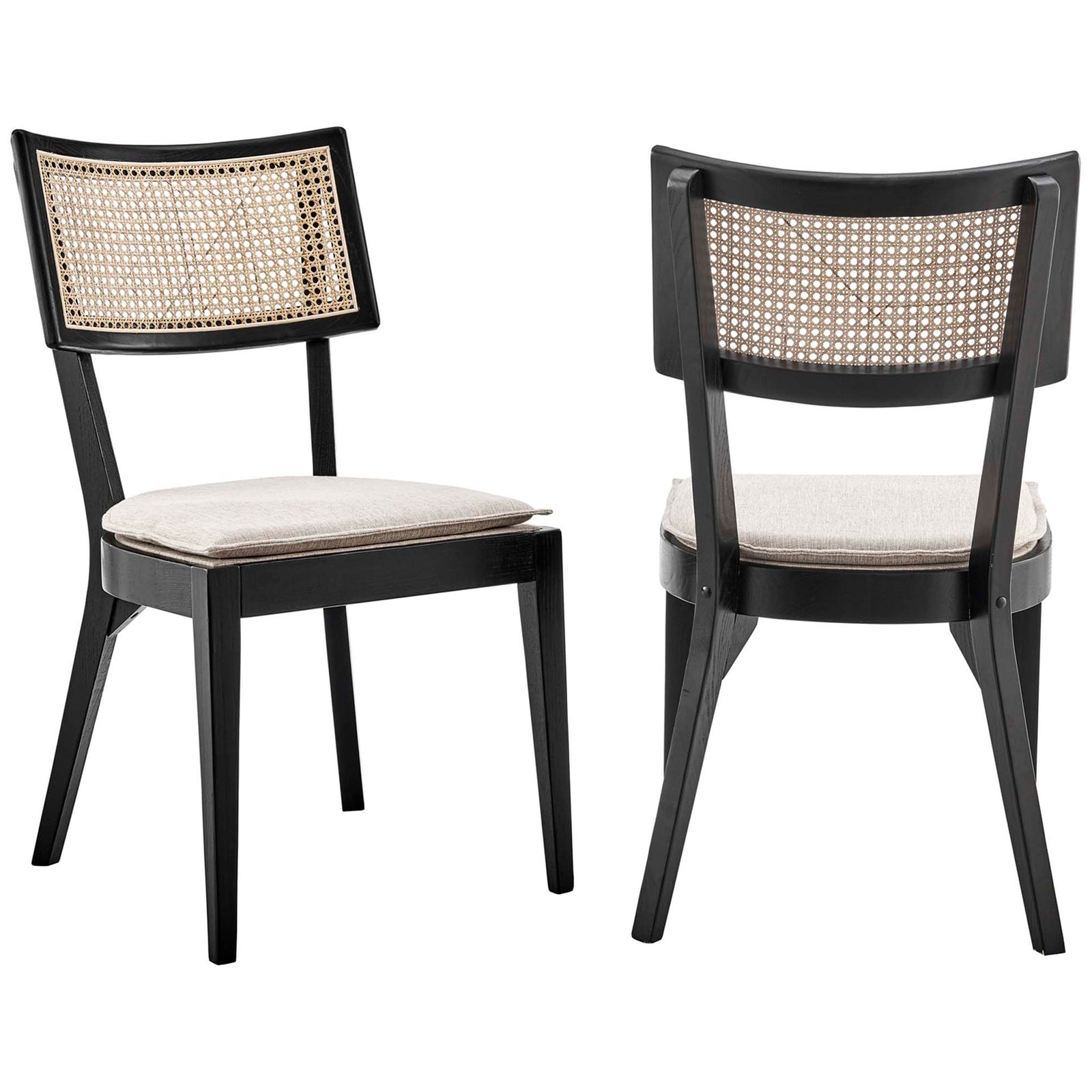 Set of two black wood dining chairs with woven rattan backs and beige seat cushions for cozy gatherings || EEI-6080-BLK-BEI || front_angle_multi_studio