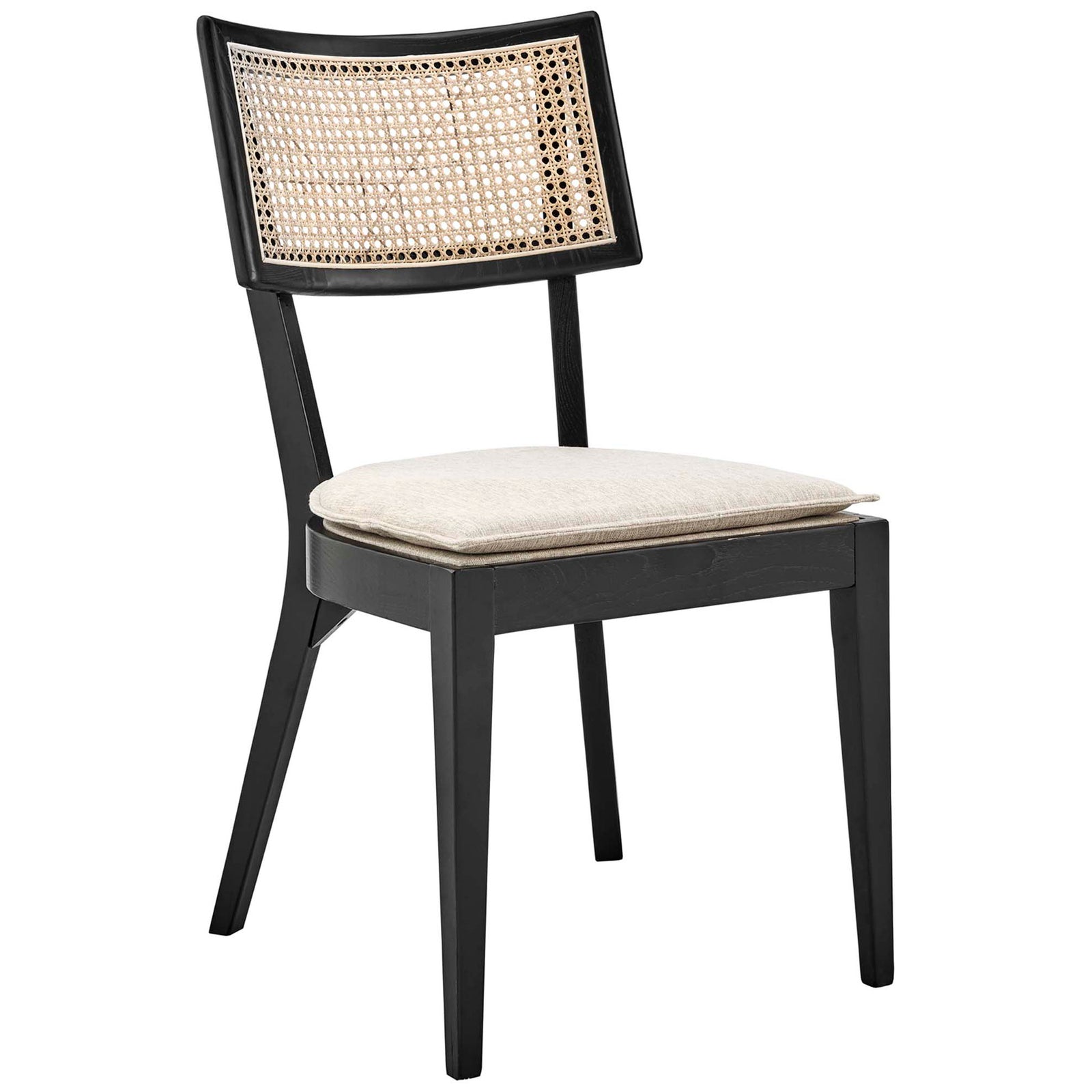 Black elm wood dining chair featuring curved rattan cane back and plush beige fabric seat cushion || EEI-6080-BLK-BEI || front_angle_studio