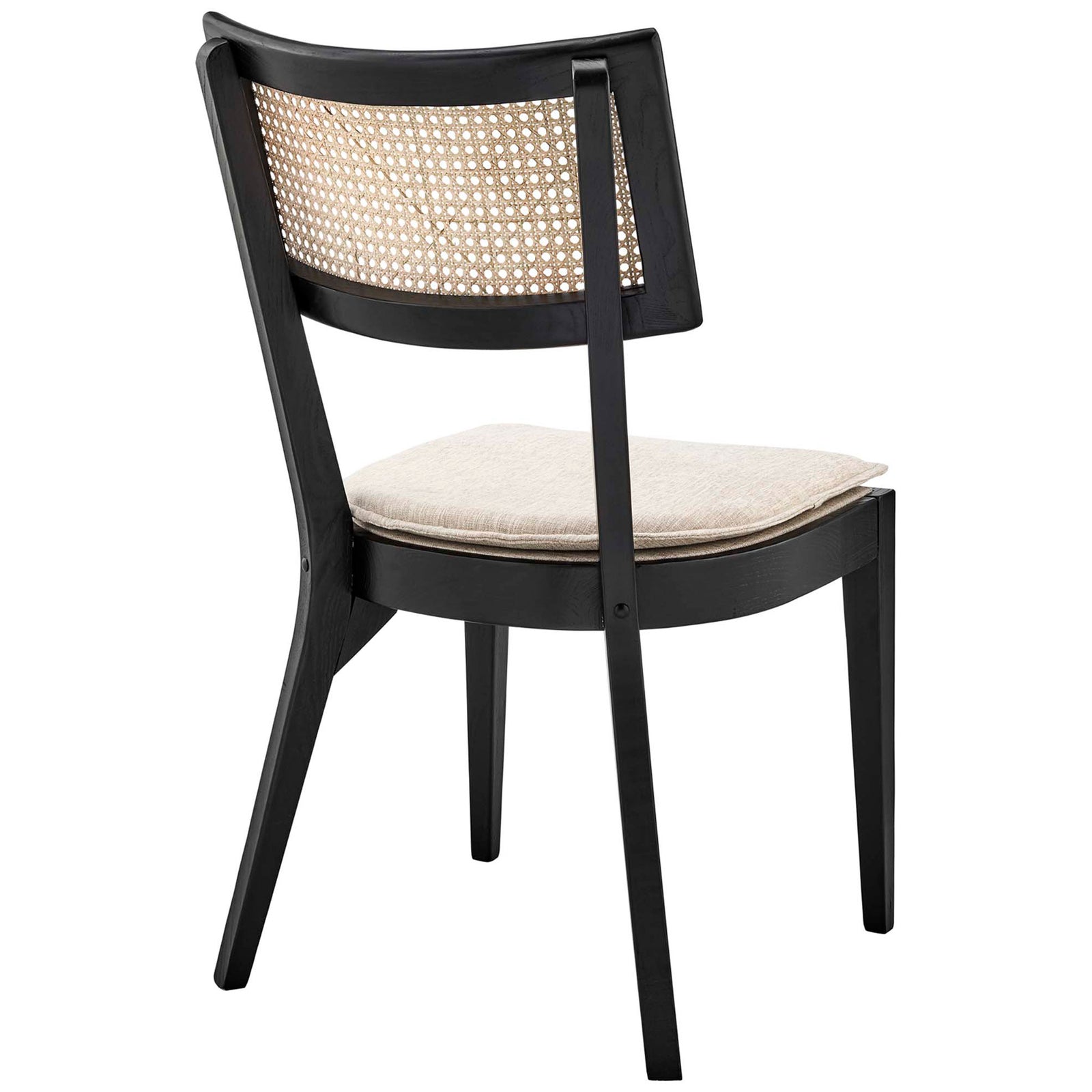 Black dining chair showcasing curved woven rattan cane back and coordinating beige upholstered seat || EEI-6080-BLK-BEI || back_angle_studio