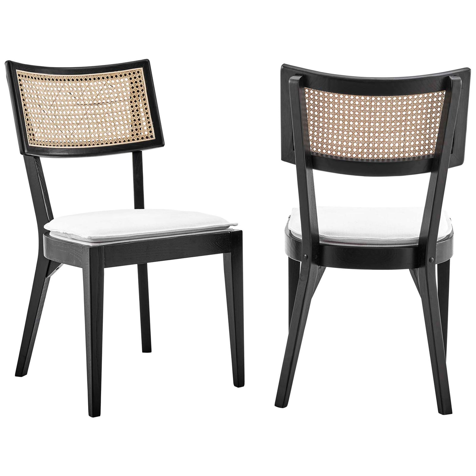 Pair of black wood dining chairs with woven rattan backs and white seat cushions || EEI-6080-BLK-WHI || front_angle_multi_studio