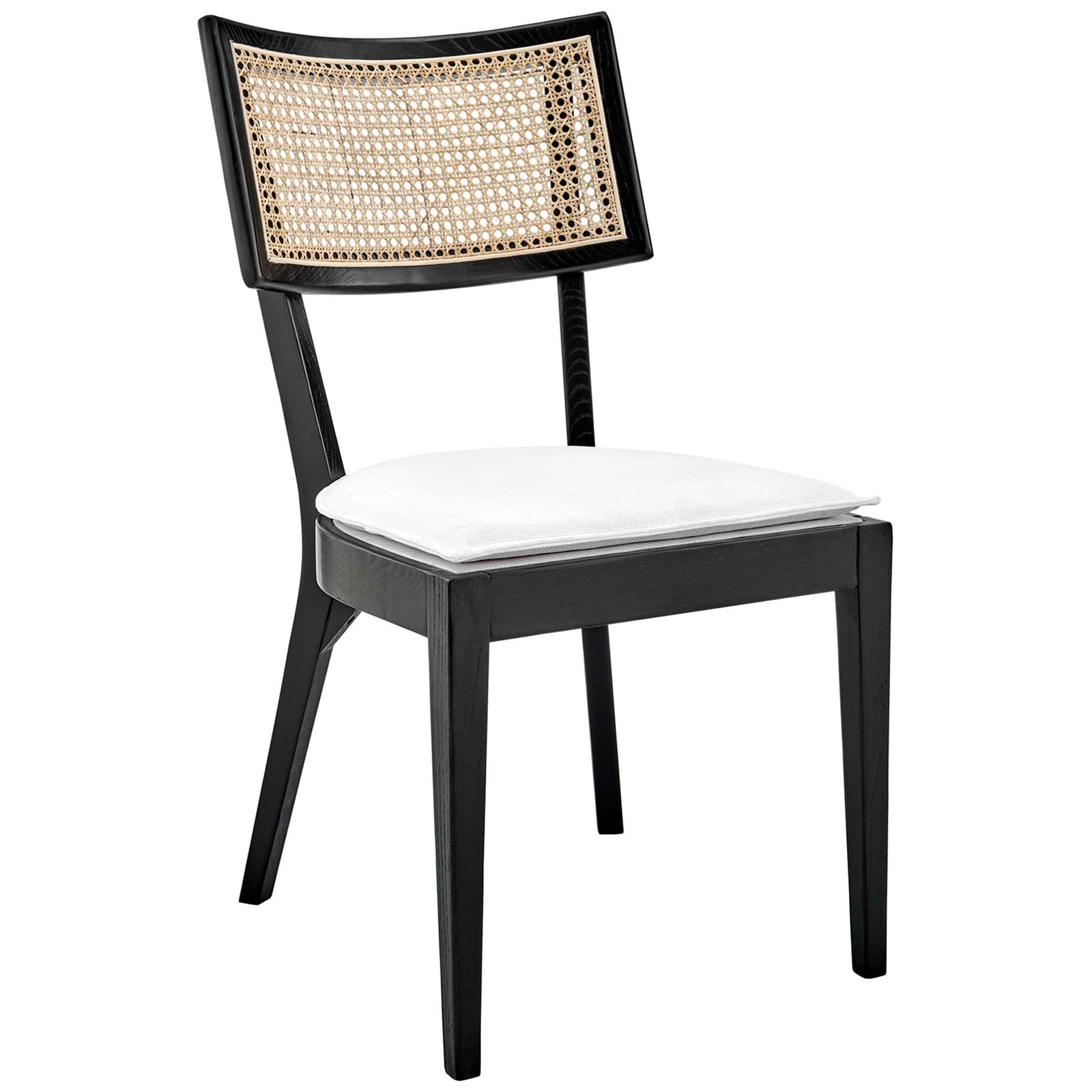 Curved rattan back dining chair with black wood frame and removable white seat cushion || EEI-6080-BLK-WHI || front_angle_studio