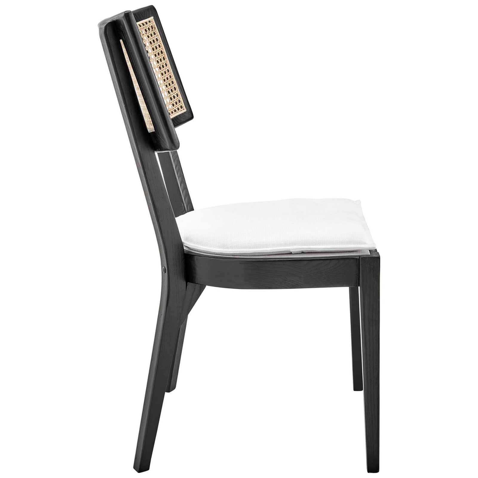 Black wood dining chair highlighting contoured legs, rattan back panel, and padded white seat || EEI-6080-BLK-WHI || side_studio