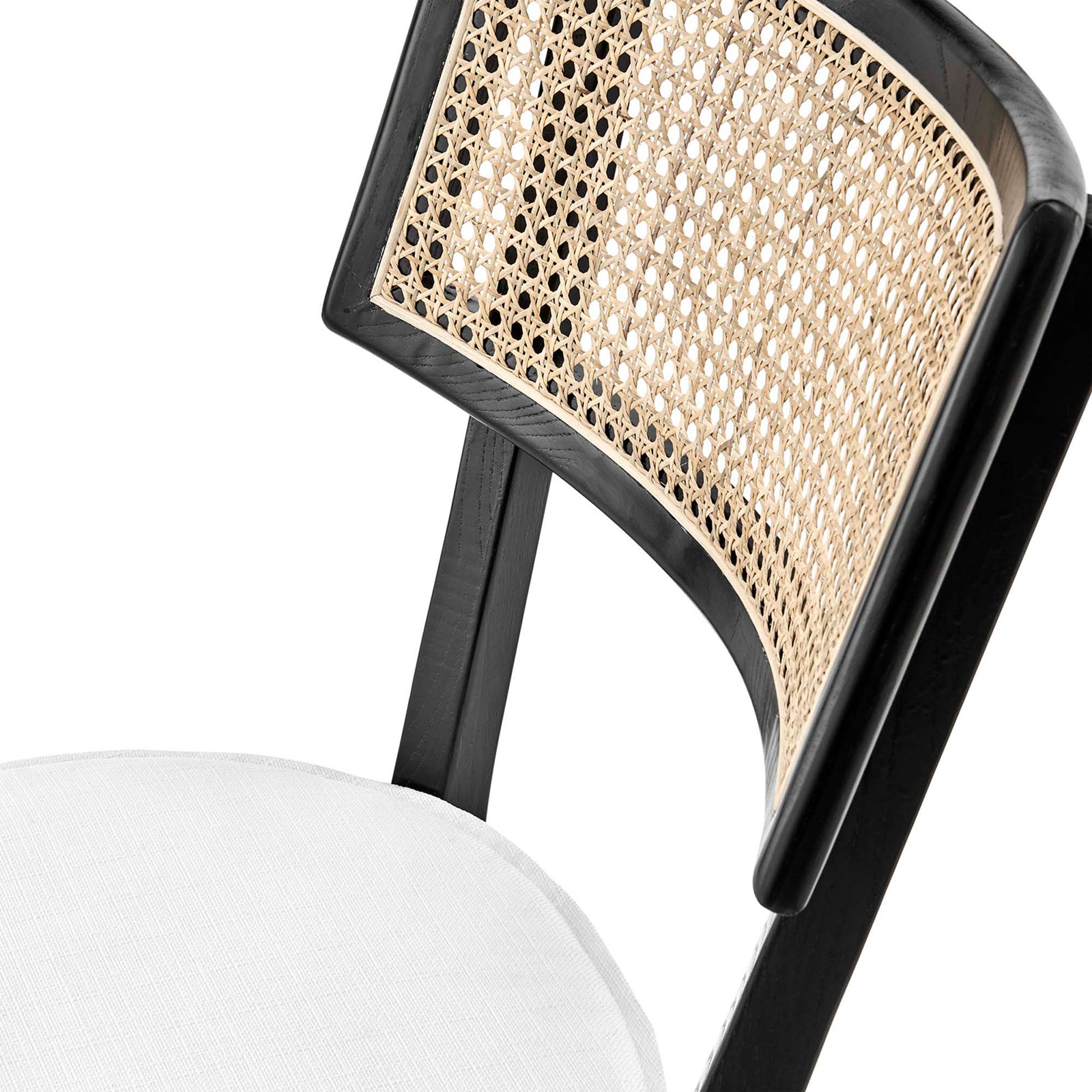 Rattan backrest and textured white seat cushion detail on black wood dining chair || EEI-6080-BLK-WHI || detail_studio