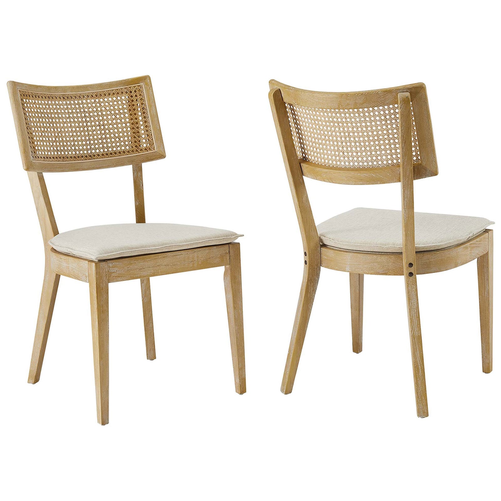Set of two elm wood dining chairs with rattan backs and gray beige upholstered cushions || EEI-6080-GRY-BEI || front_angle_multi_studio