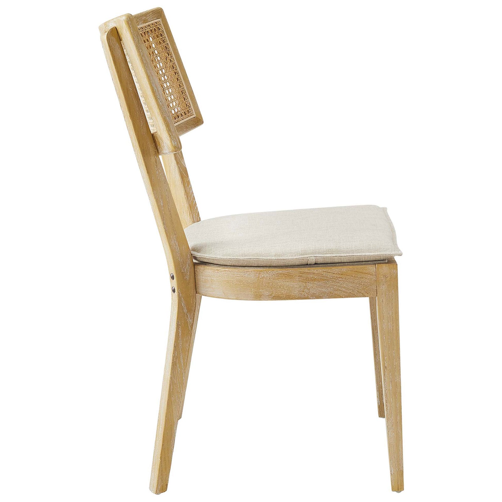 Side view of elm wood dining chair with tapered legs and padded gray beige seat || EEI-6080-GRY-BEI || side_studio