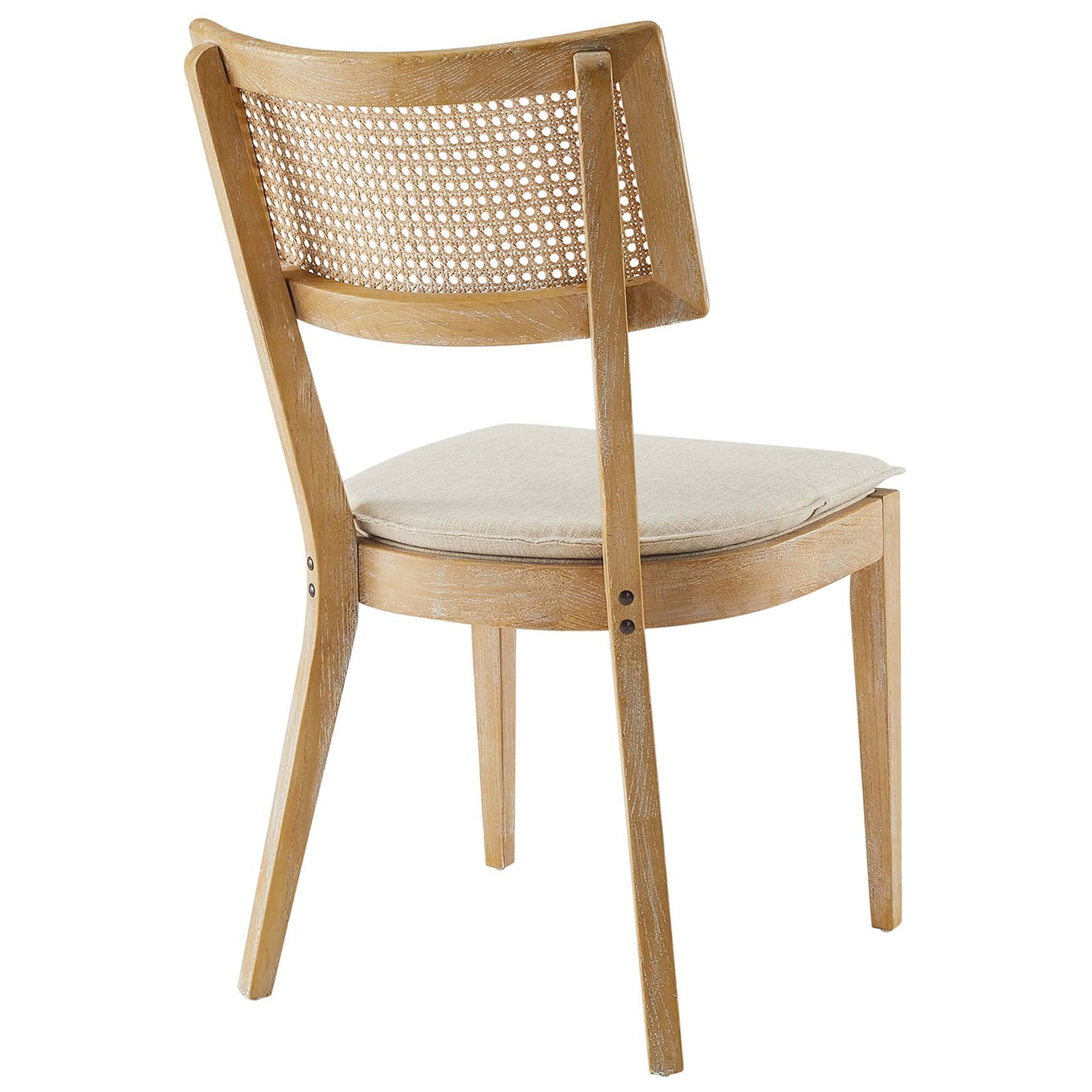 Back view highlighting curved open weave rattan backrest and sturdy elm wood frame || EEI-6080-GRY-BEI || back_angle_studio