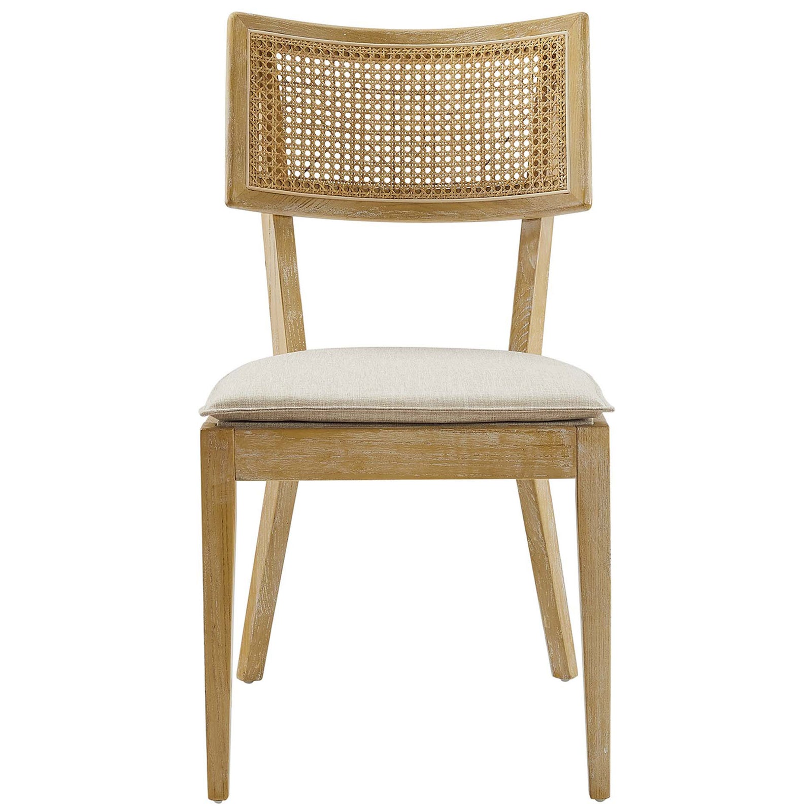 Gray beige upholstered dining chair with curved rattan backrest and warm elm wood frame || EEI-6080-GRY-BEI || front_studio