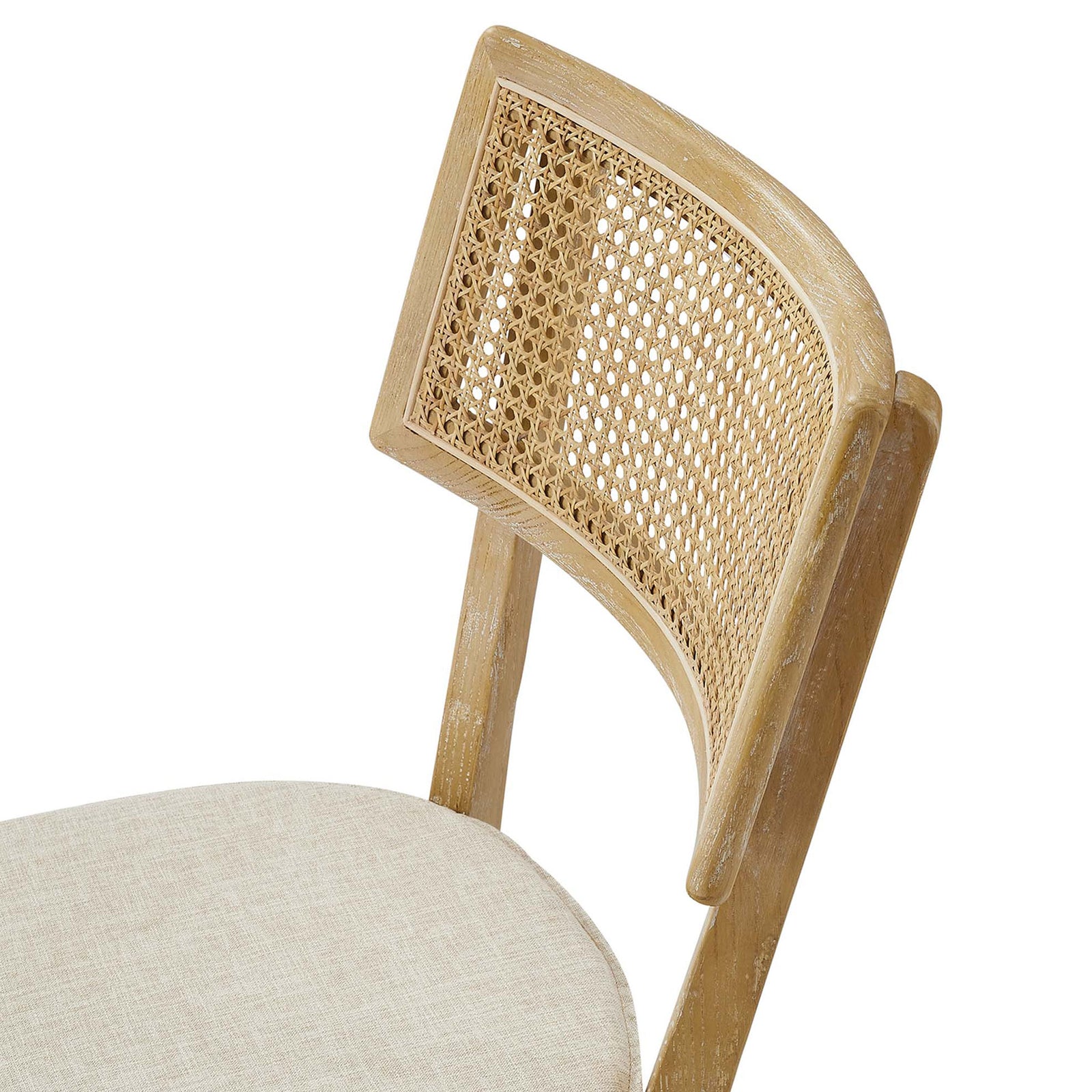 Close up of curved rattan backrest showcasing intricate cane weave and smooth wood finish || EEI-6080-GRY-BEI || detail_studio