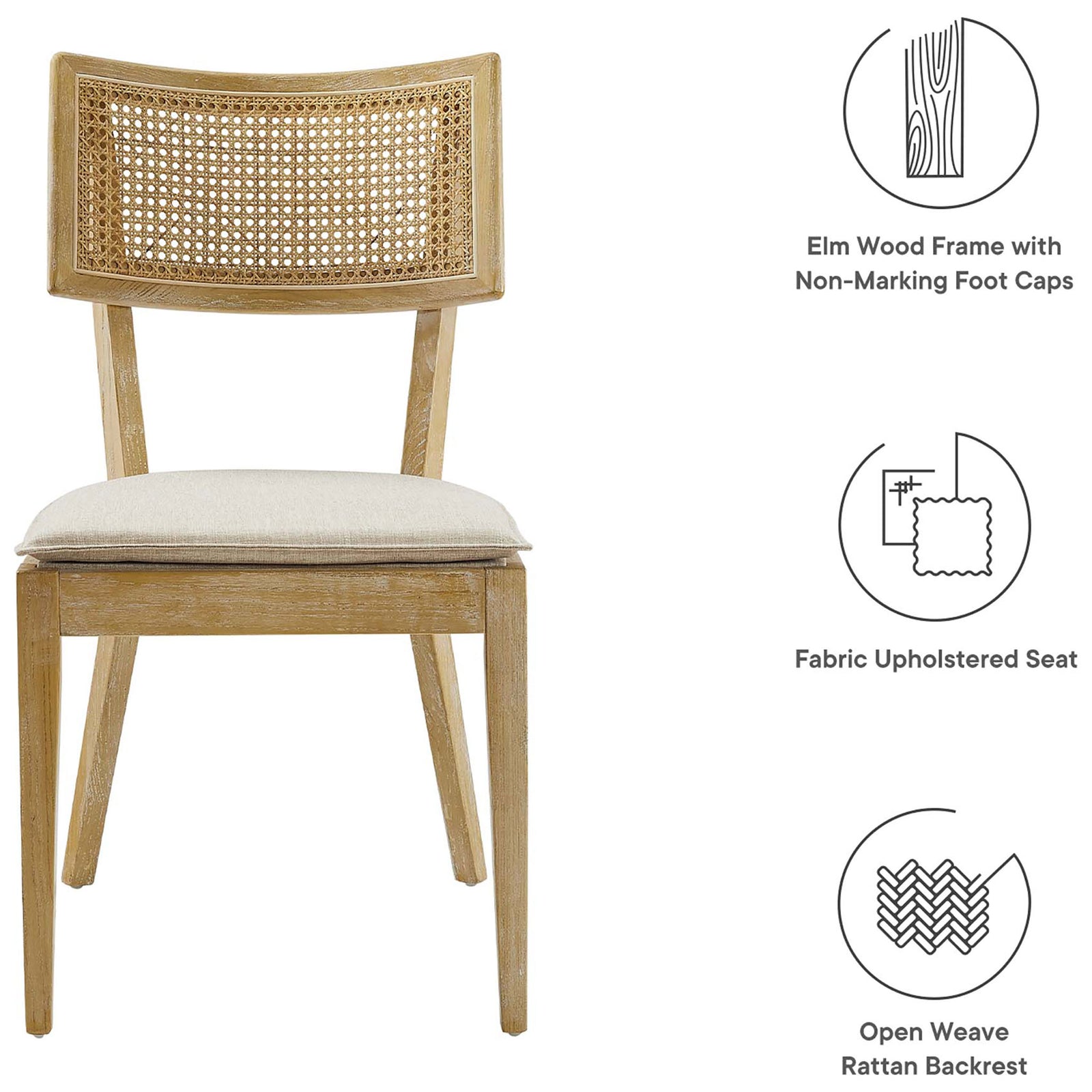Chair with feature icons highlighting elm wood frame, cushioned fabric seat, and open rattan back || EEI-6080-GRY-BEI || callout_studio
