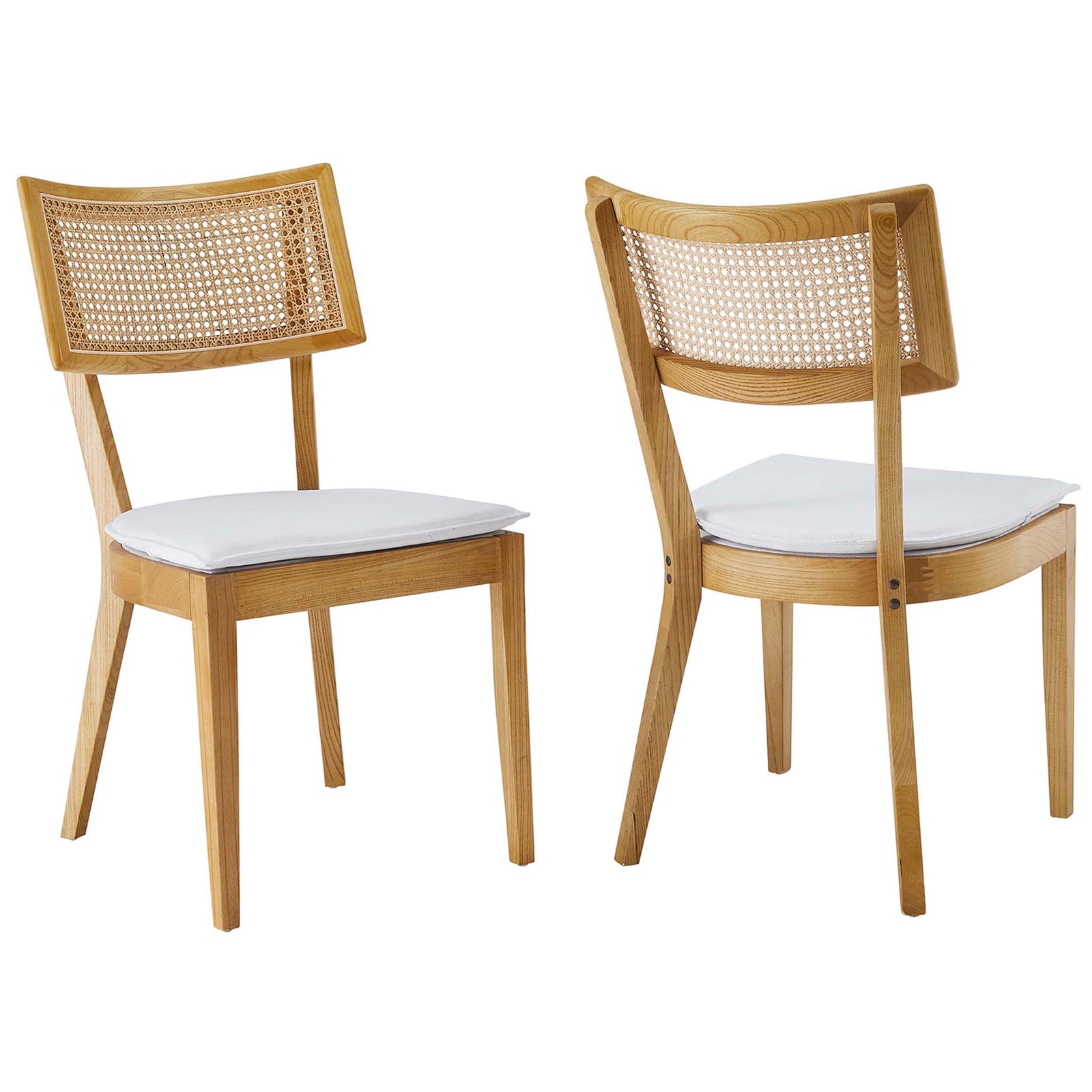 Set of two Caledonia dining chairs in natural wood with open weave rattan backs and removable white cushions || EEI-6080-NAT-WHI || front_angle_multi_studio