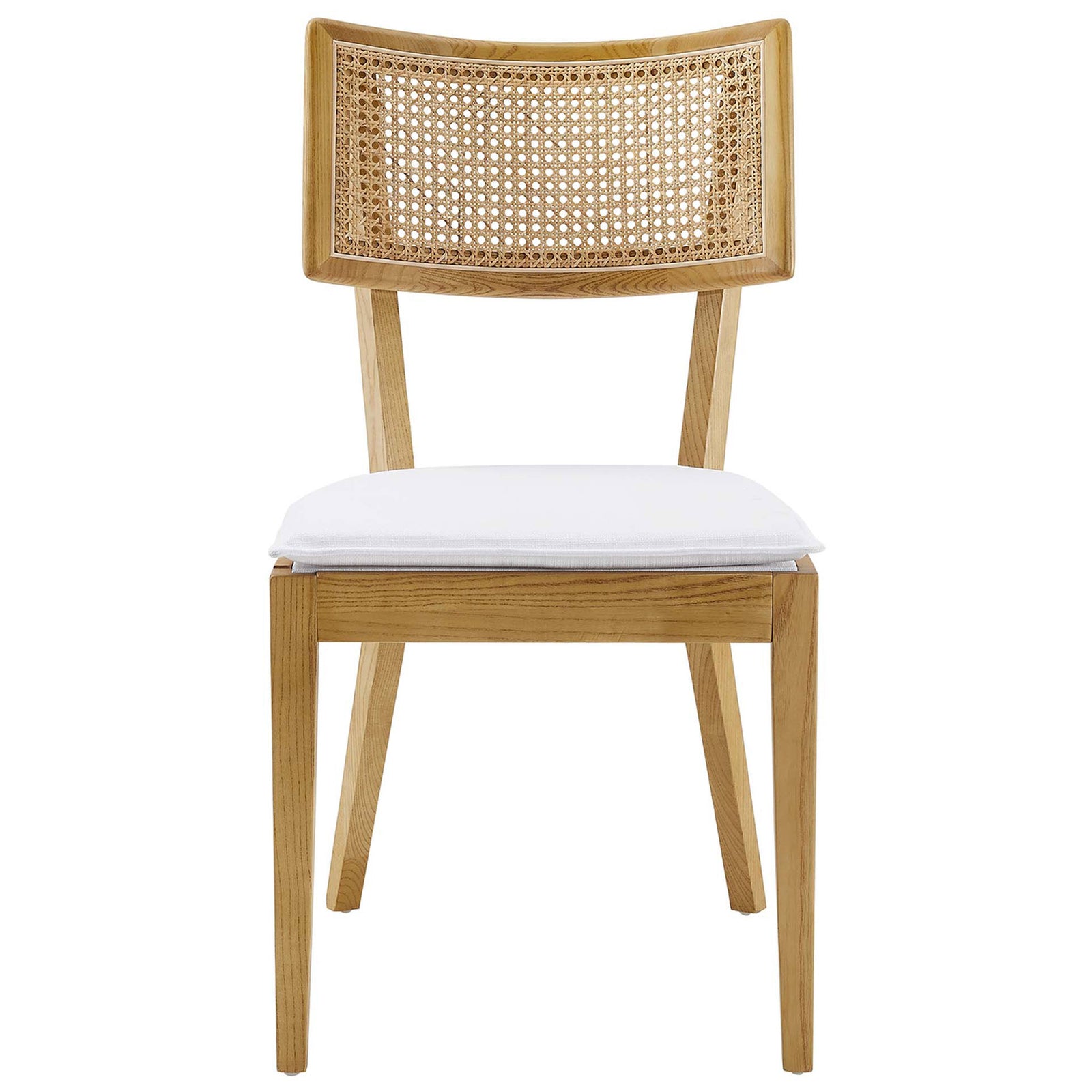 Natural wood dining chair with curved rattan back and crisp white upholstered seat for airy farmhouse charm || EEI-6080-NAT-WHI || front_studio