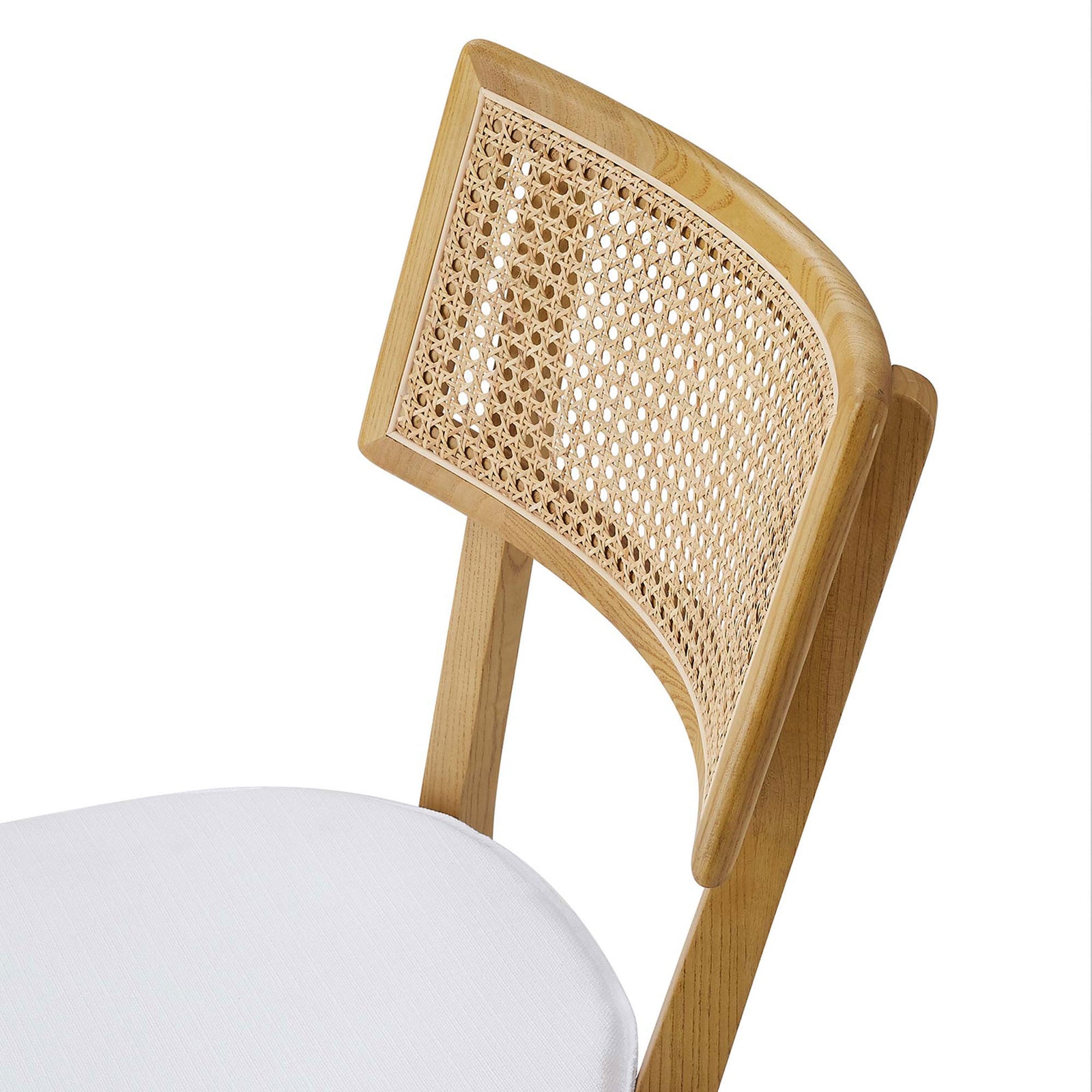 Open weave rattan backrest meets a textured white upholstered seat cushion for breezy comfort || EEI-6080-NAT-WHI || detail_studio