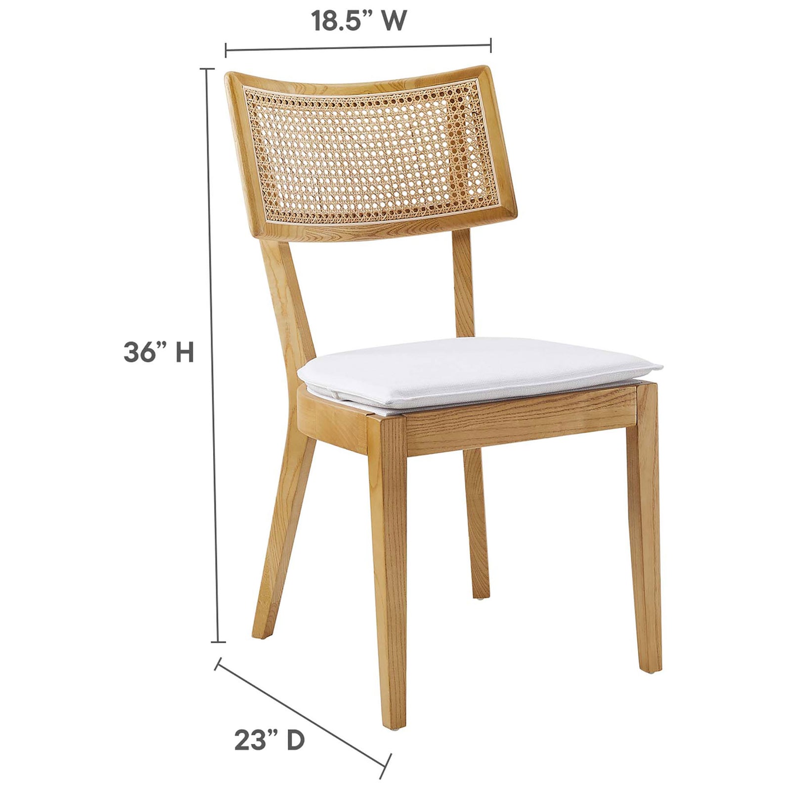 Caledonia dining chair shown with measurements to illustrate overall height, seat size, and depth || EEI-6080-NAT-WHI || dimension_studio