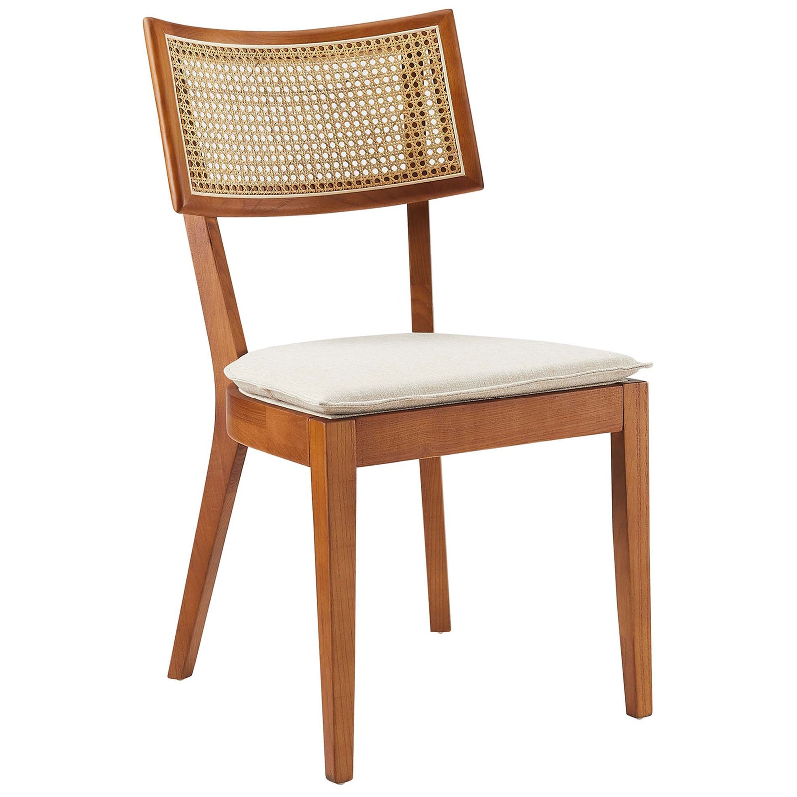 Walnut dining chair with curved cane backrest and soft beige fabric seat for everyday dining comfort. || EEI-6080-WAL-BEI || front_angle_studio