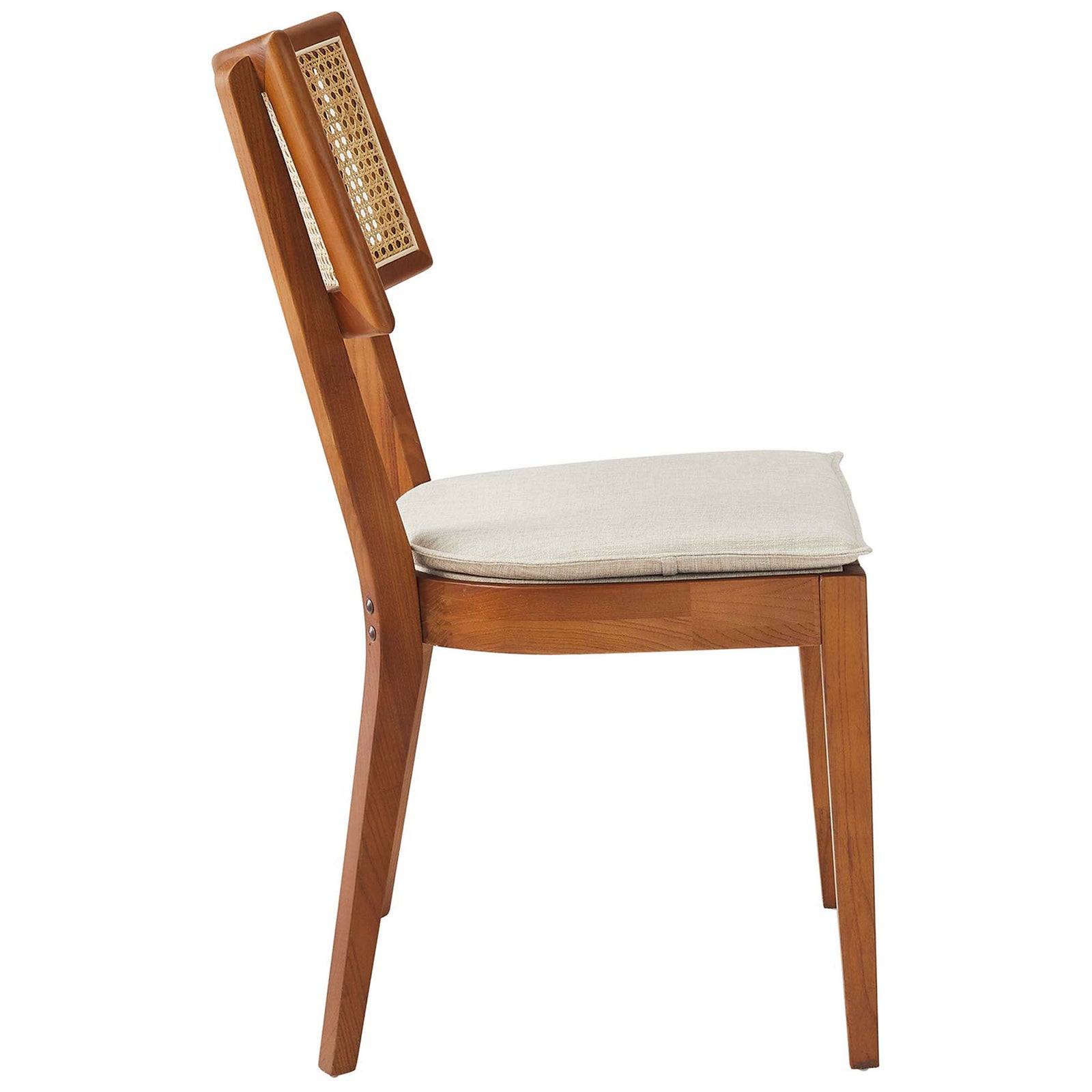 Slender walnut dining chair with tapered legs and padded beige seat that pairs easily with modern tables. || EEI-6080-WAL-BEI || side_studio