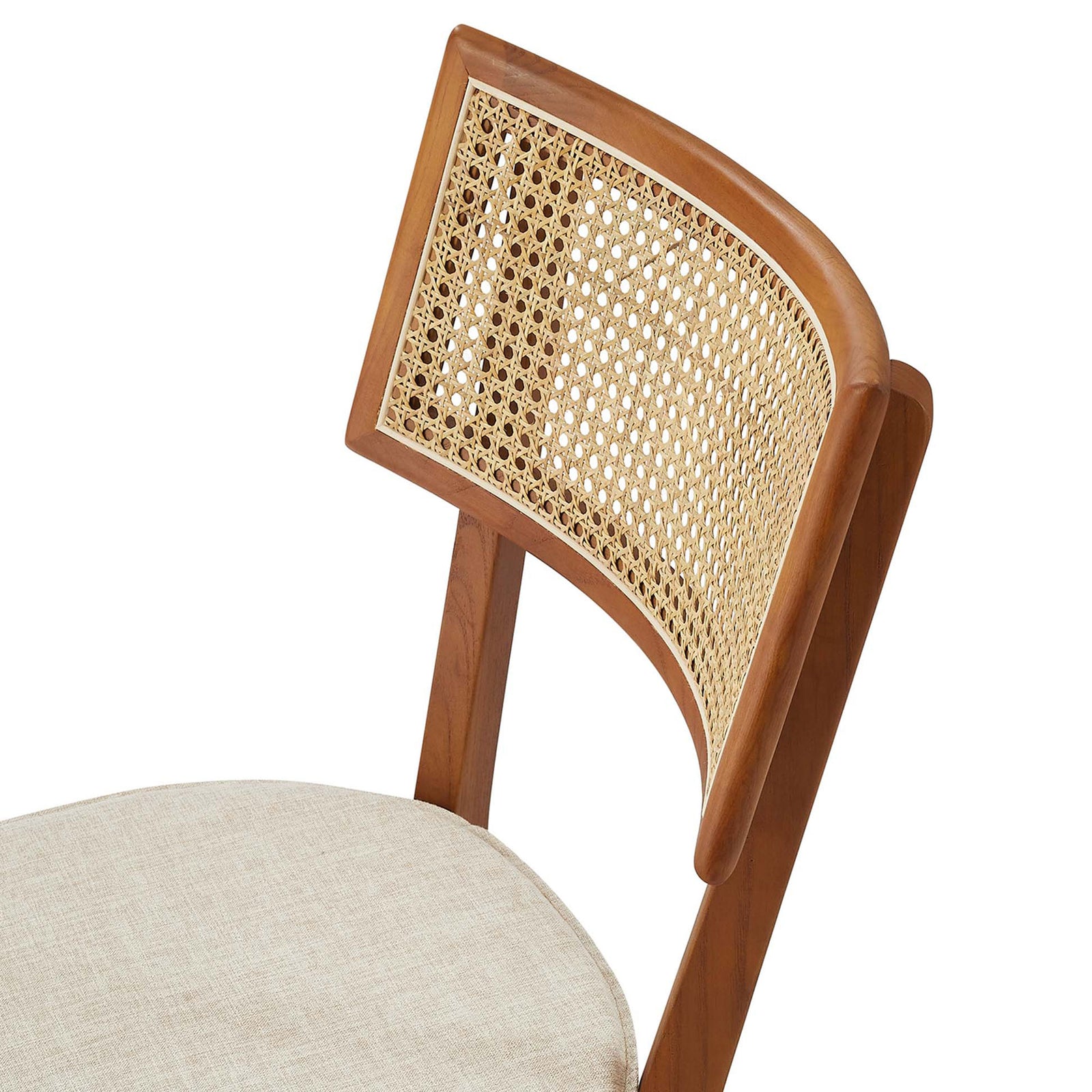 Textured beige upholstery and airy rattan back panel add inviting, breathable comfort to this walnut chair. || EEI-6080-WAL-BEI || detail_studio