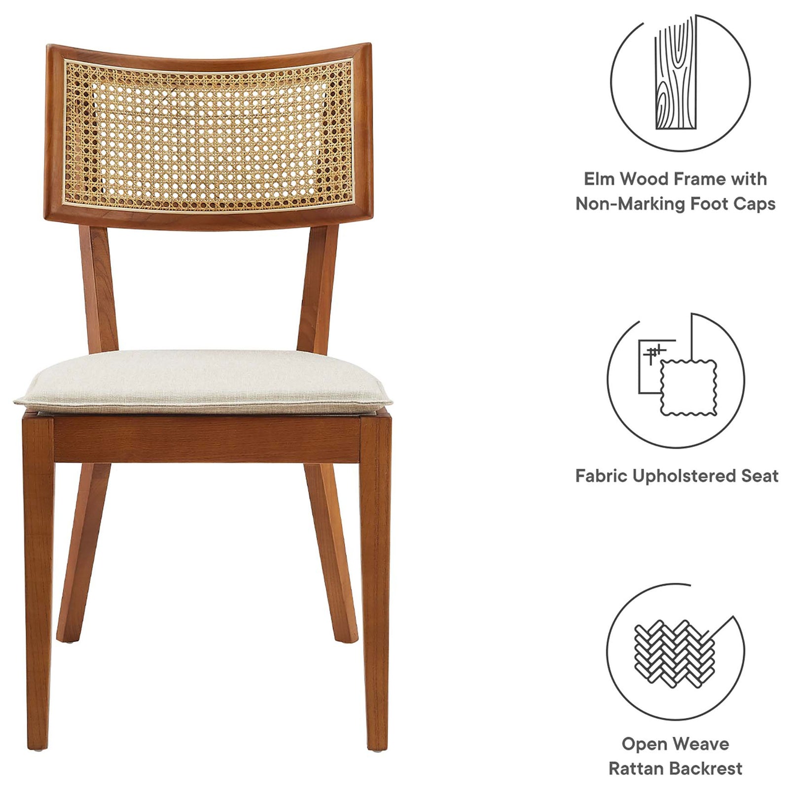Walnut dining chair highlighting elm wood frame, open rattan back, and cushioned fabric seat construction. || EEI-6080-WAL-BEI || callout_studio