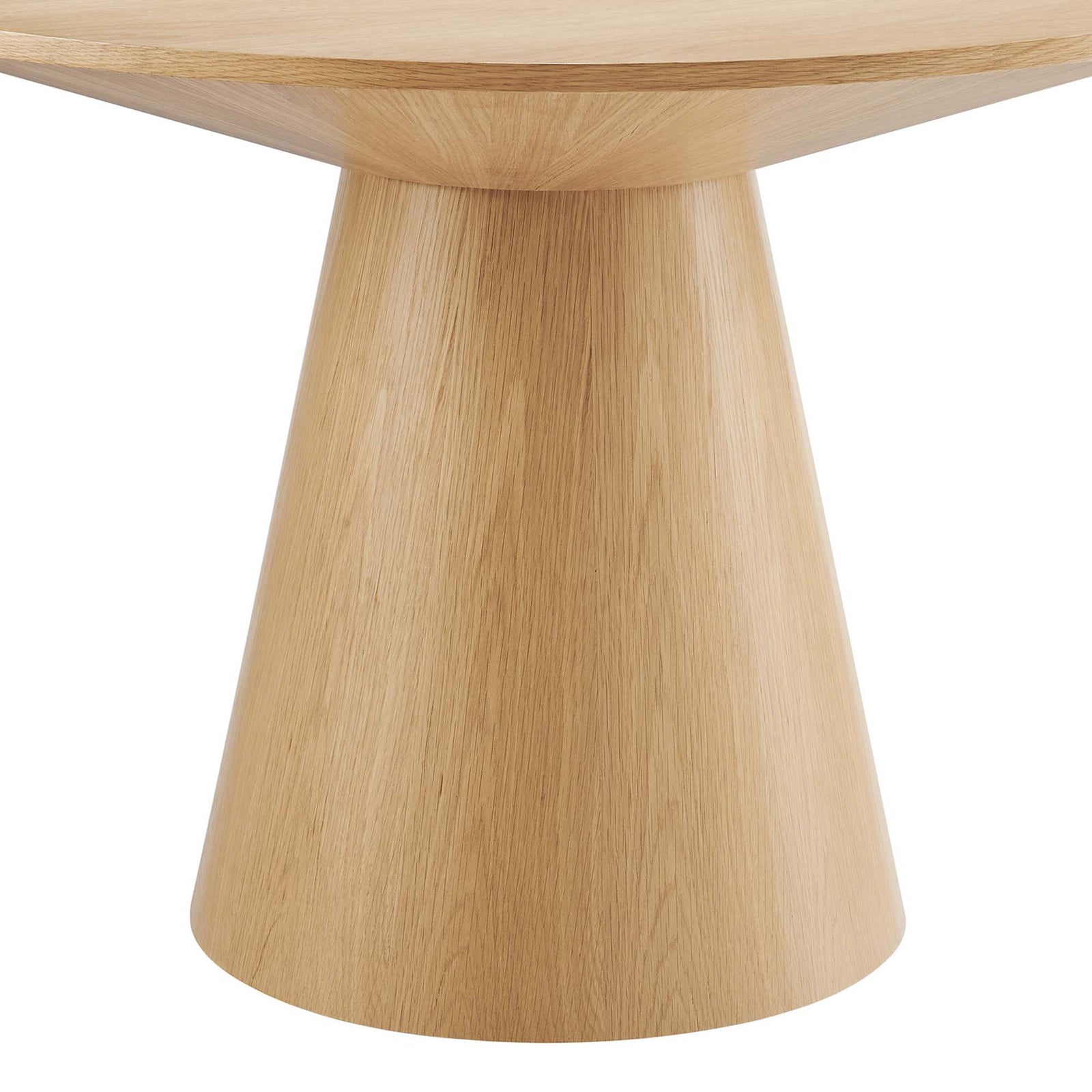Tapered oak pedestal base provides sculptural support and sturdy foundation for the round table || EEI-6102-OAK || leg_studio