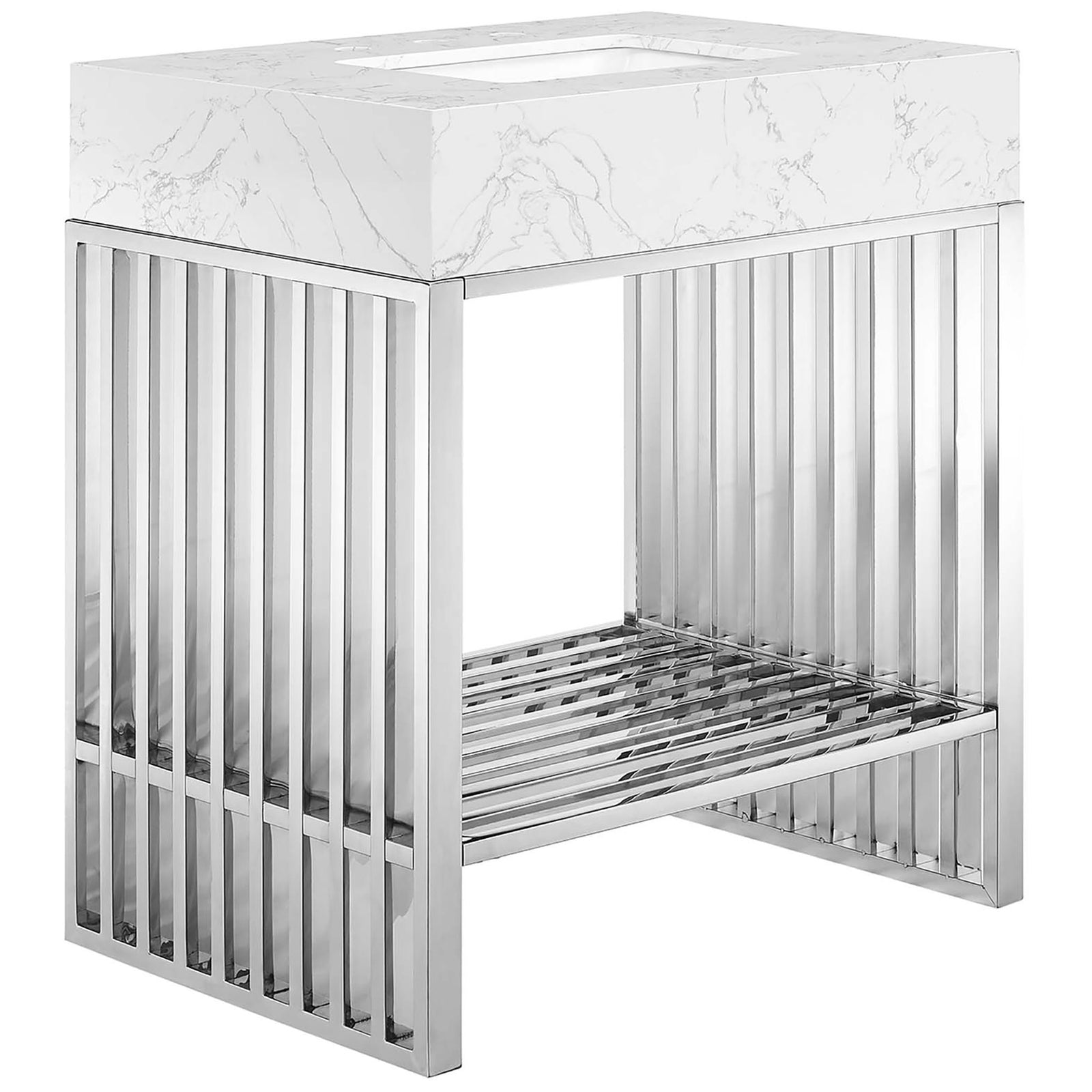 Crisp waterfall-style sink over a gleaming stainless steel grid base || EEI-6105-WHI-SLV || front_angle_studio