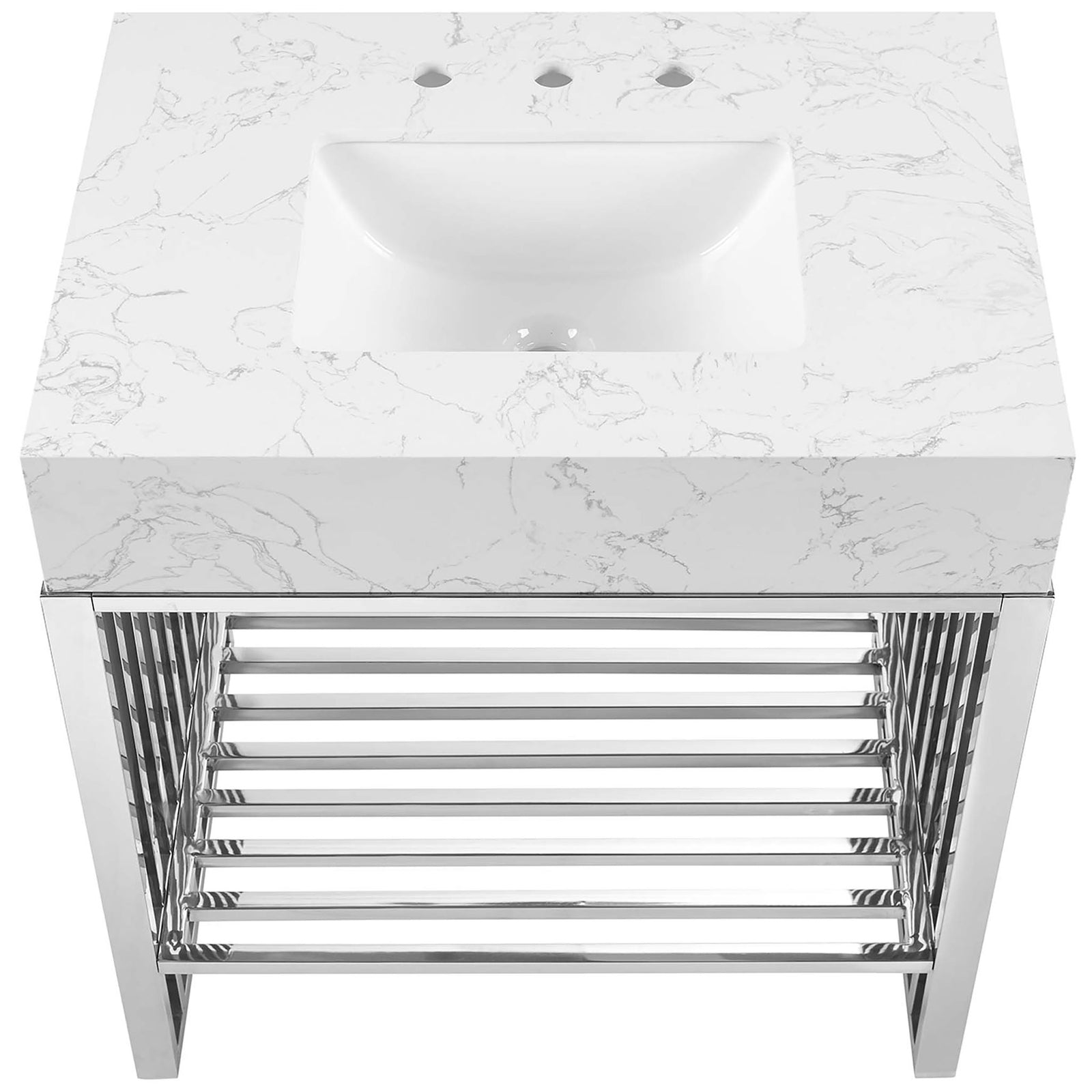 Spacious square basin and marble-look countertop with clean edges || EEI-6105-WHI-SLV || top_studio