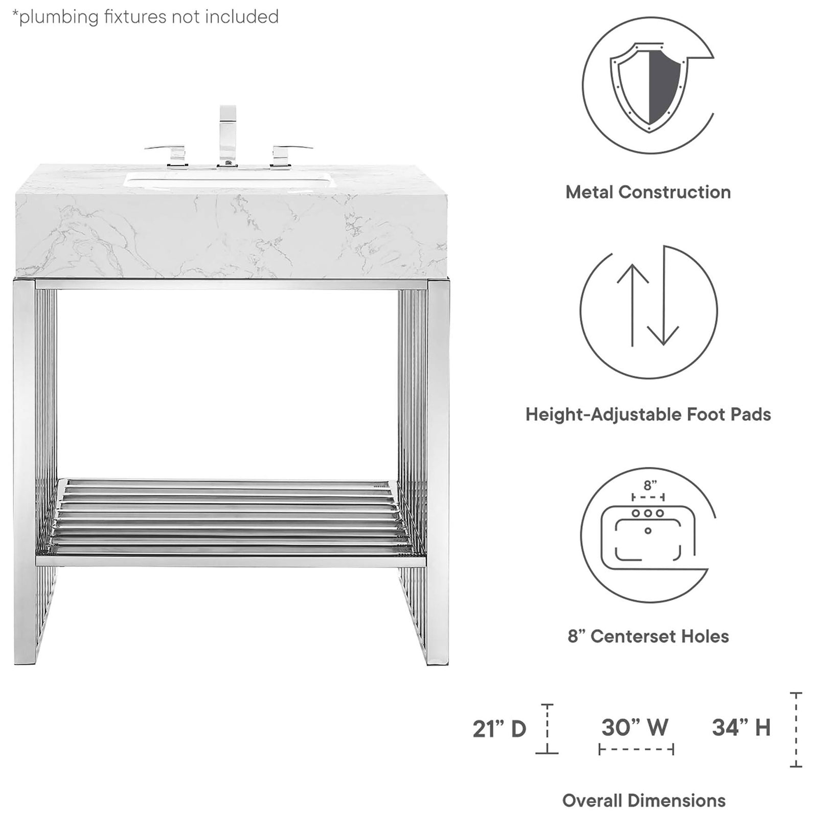 Metal construction, adjustable foot pads, and 8-inch faucet spacing with overall dimensions || EEI-6105-WHI-SLV || dimension_studio