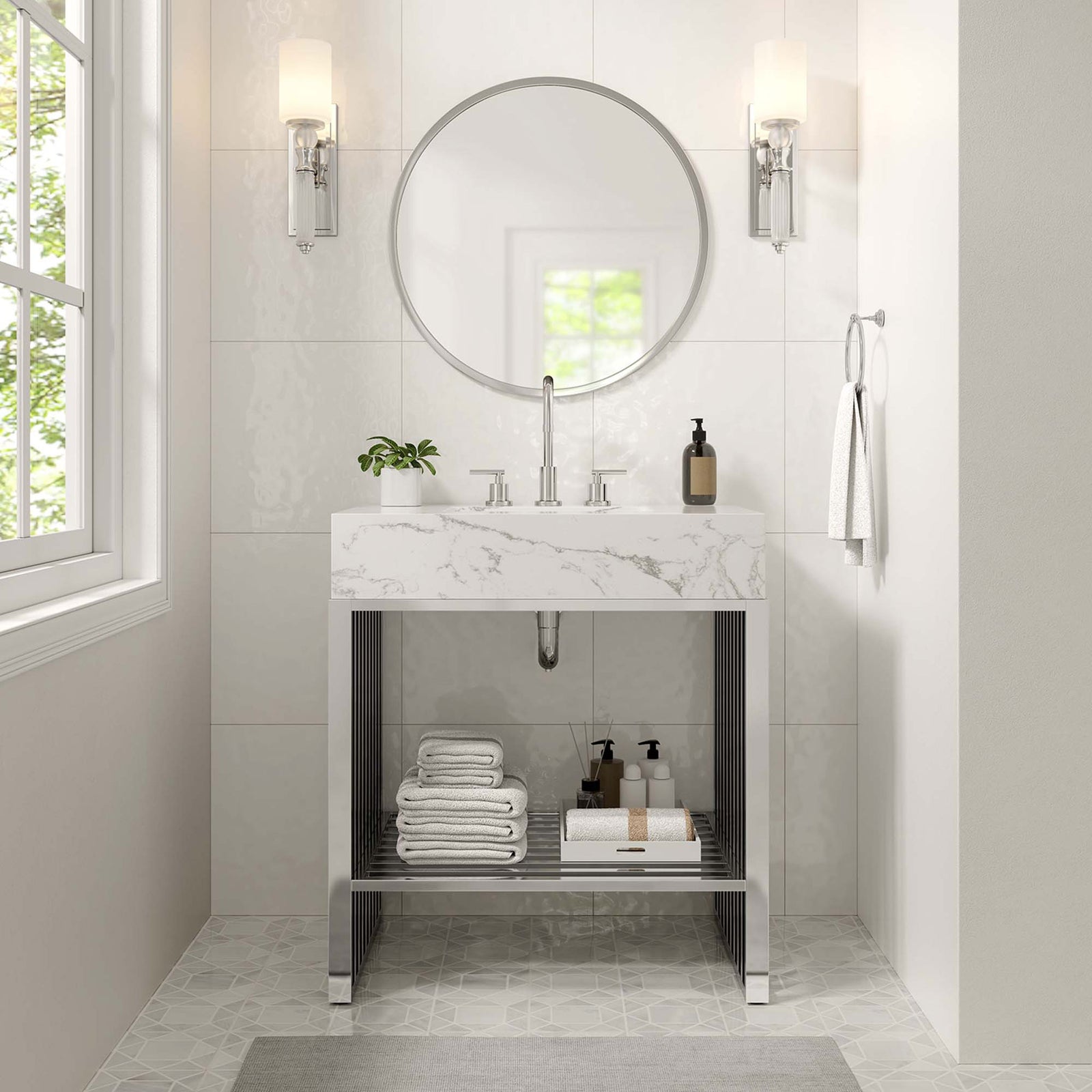 Streamlined vanity adds bright modern polish to a serene bathroom setting || EEI-6105-WHI-SLV || front_room