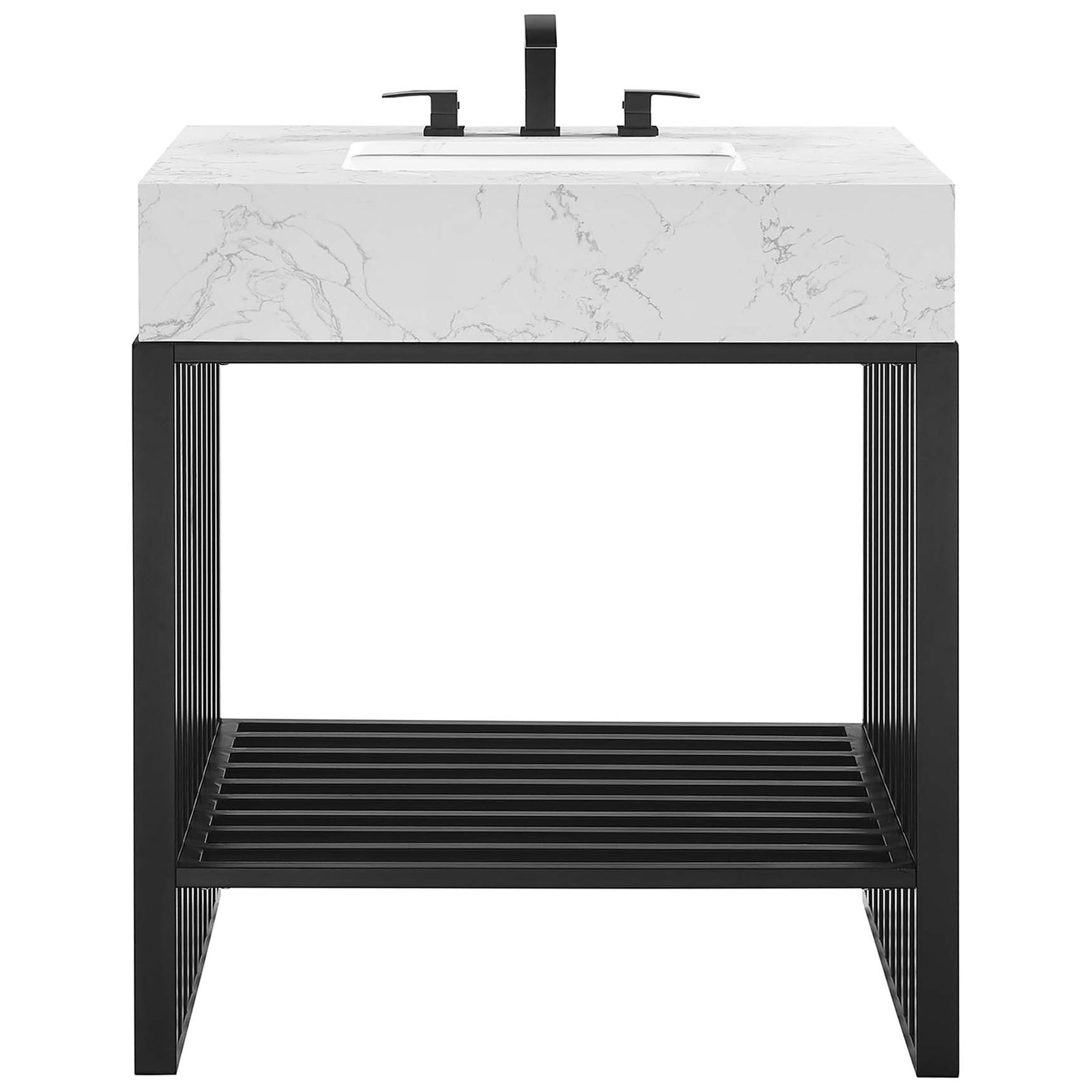 Integrated marble-look sink and open black frame with slatted shelf || EEI-6106-WHI-BLK || front_studio