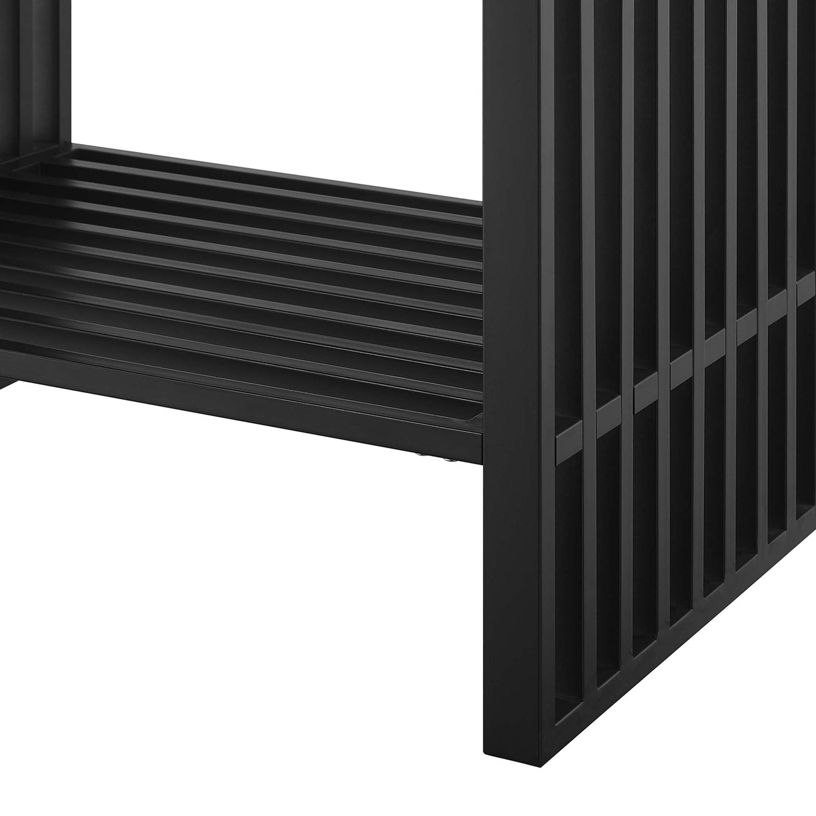 Matte black slatted base and sturdy vertical supports detail || EEI-6106-WHI-BLK || leg_studio