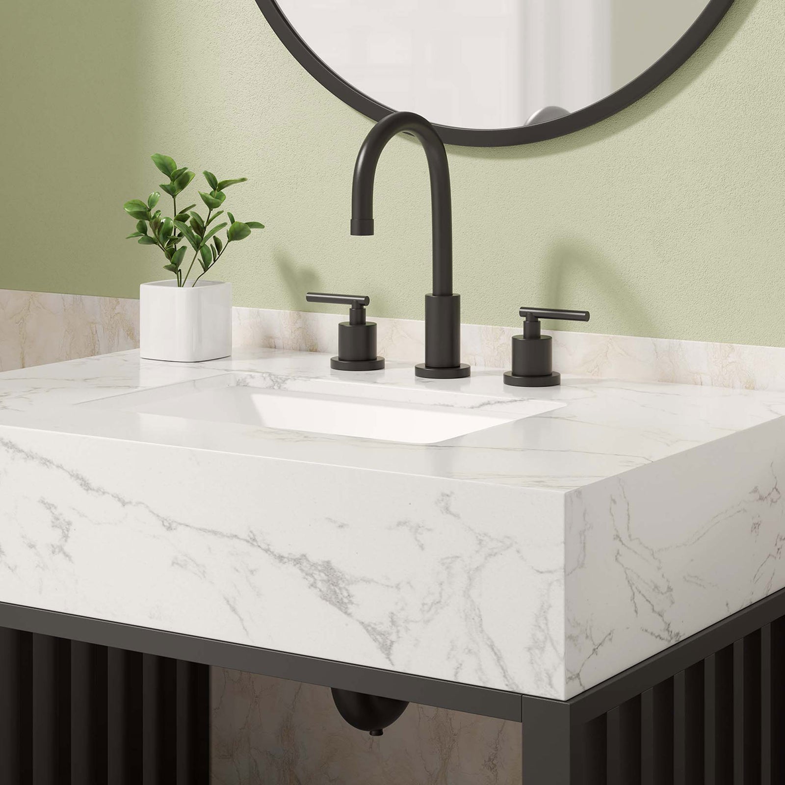 Marble-look counter and integrated basin, pre-drilled for widespread faucet || EEI-6106-WHI-BLK || detail_room