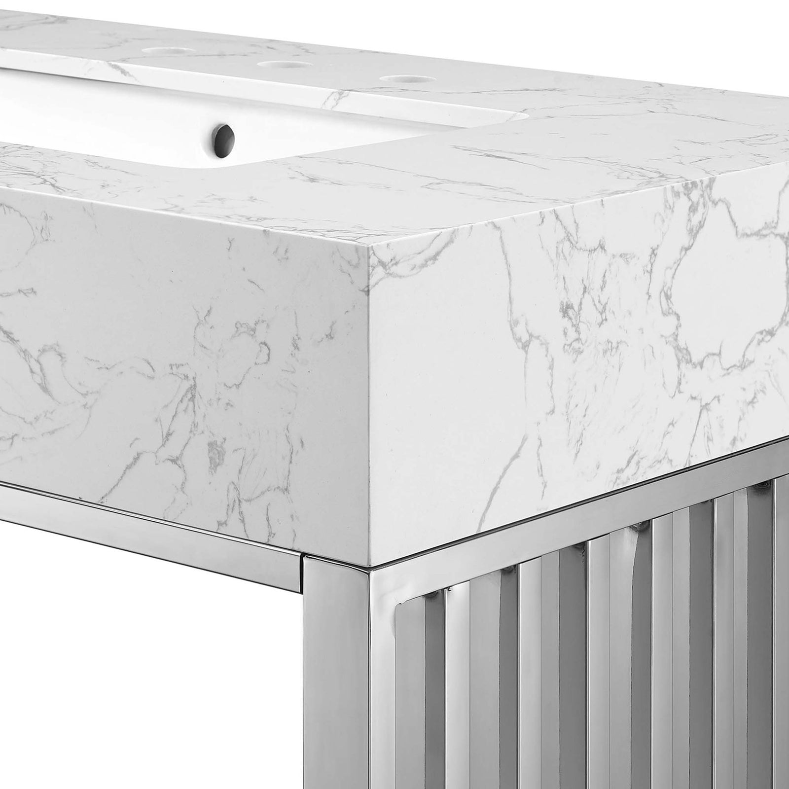 Handsome veining and thick, smooth-edged countertop || EEI-6107-WHI-SLV || detail_studio