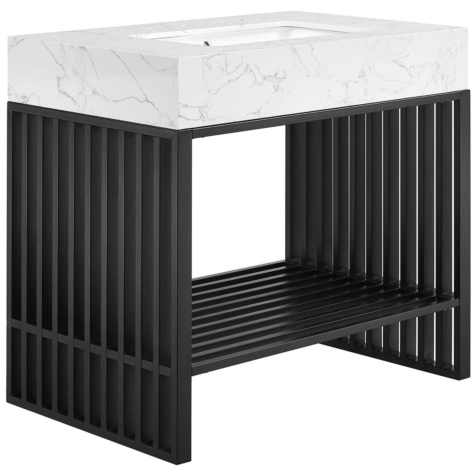 Thick marble-look countertop and basin over a matte black open frame || EEI-6108-WHI-BLK || front_angle_studio