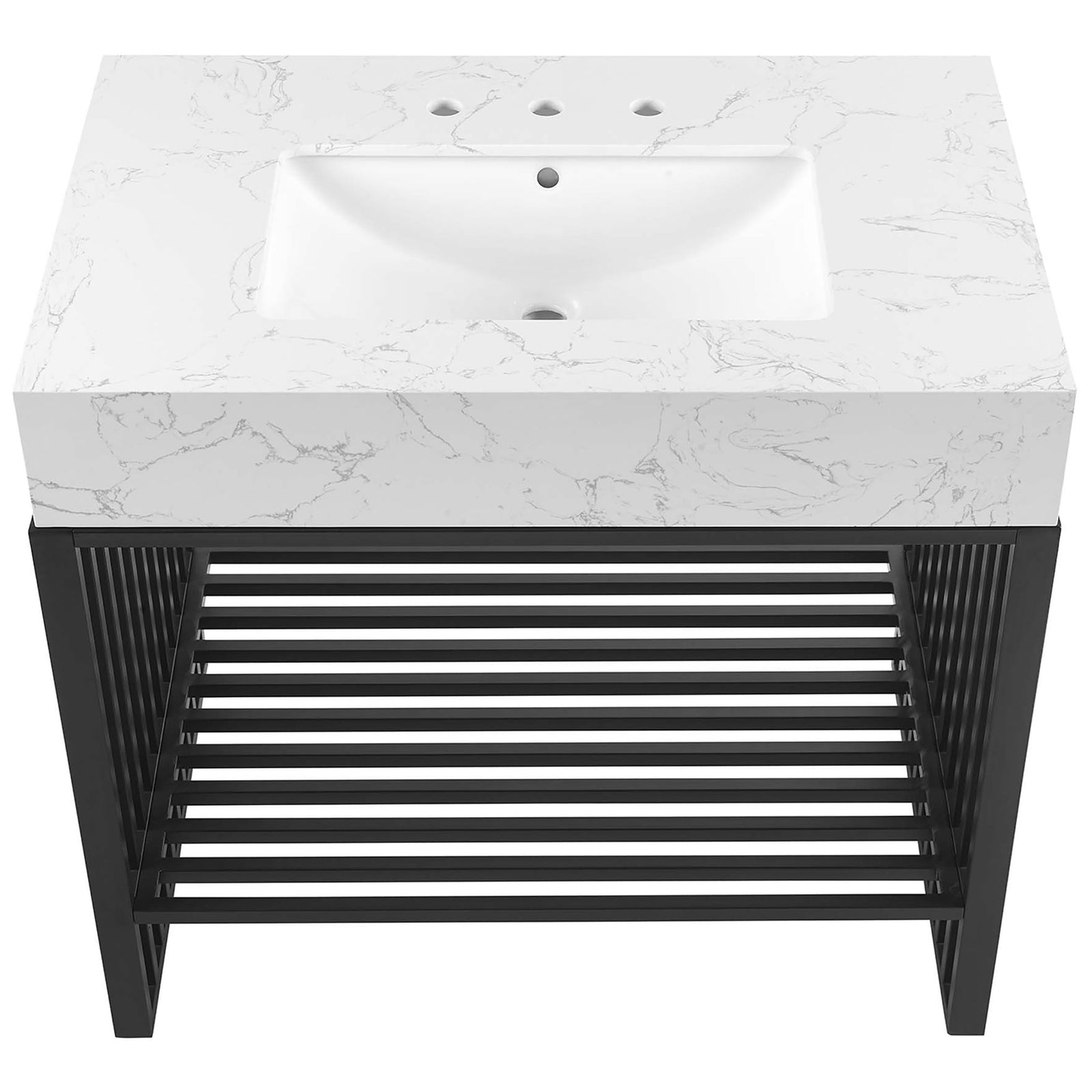Top view highlights deep basin and pre-drilled three-hole faucet setup || EEI-6108-WHI-BLK || top_studio