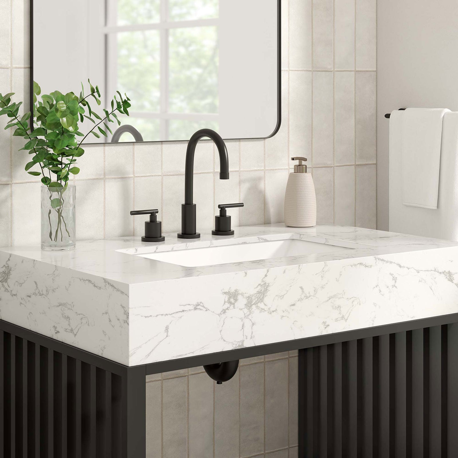 Marble-look countertop and integrated basin with matte black accents || EEI-6108-WHI-BLK || detail_room