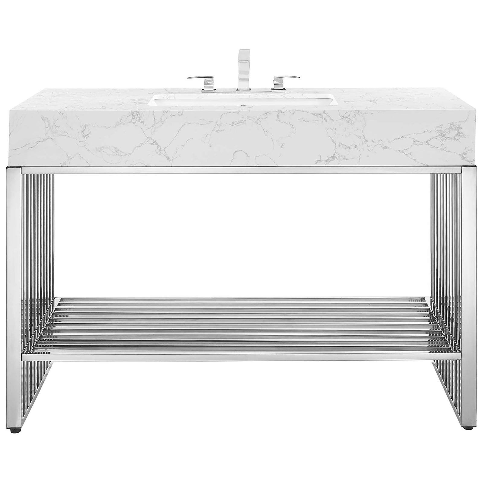 Wide, modern vanity with thick marbled sink and spacious slatted shelf || EEI-6109-WHI-SLV || front_studio
